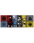 Four-panel anime girl mouse pad with 4 heroines, tribal emblems, bold poses, 32x12 inches.