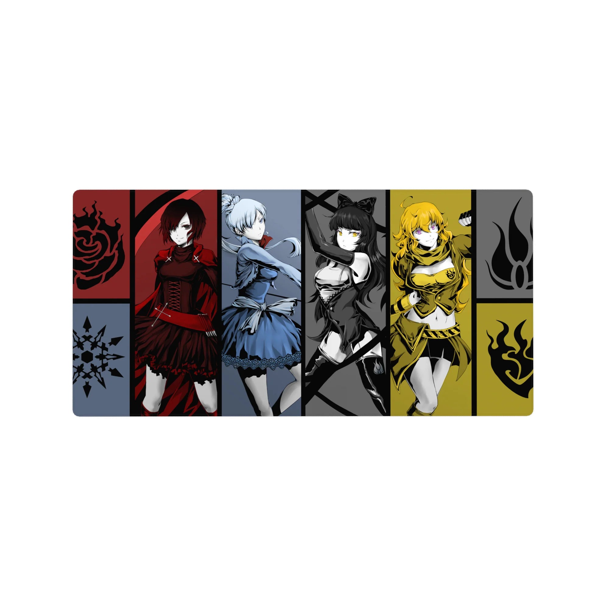 32x16 inches anime girl mouse pad with four heroines in bold panels, tribal emblems, sharp graphic framing.