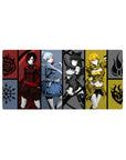 32x16 inches anime girl mouse pad with four heroines in bold panels, tribal emblems, sharp graphic framing.