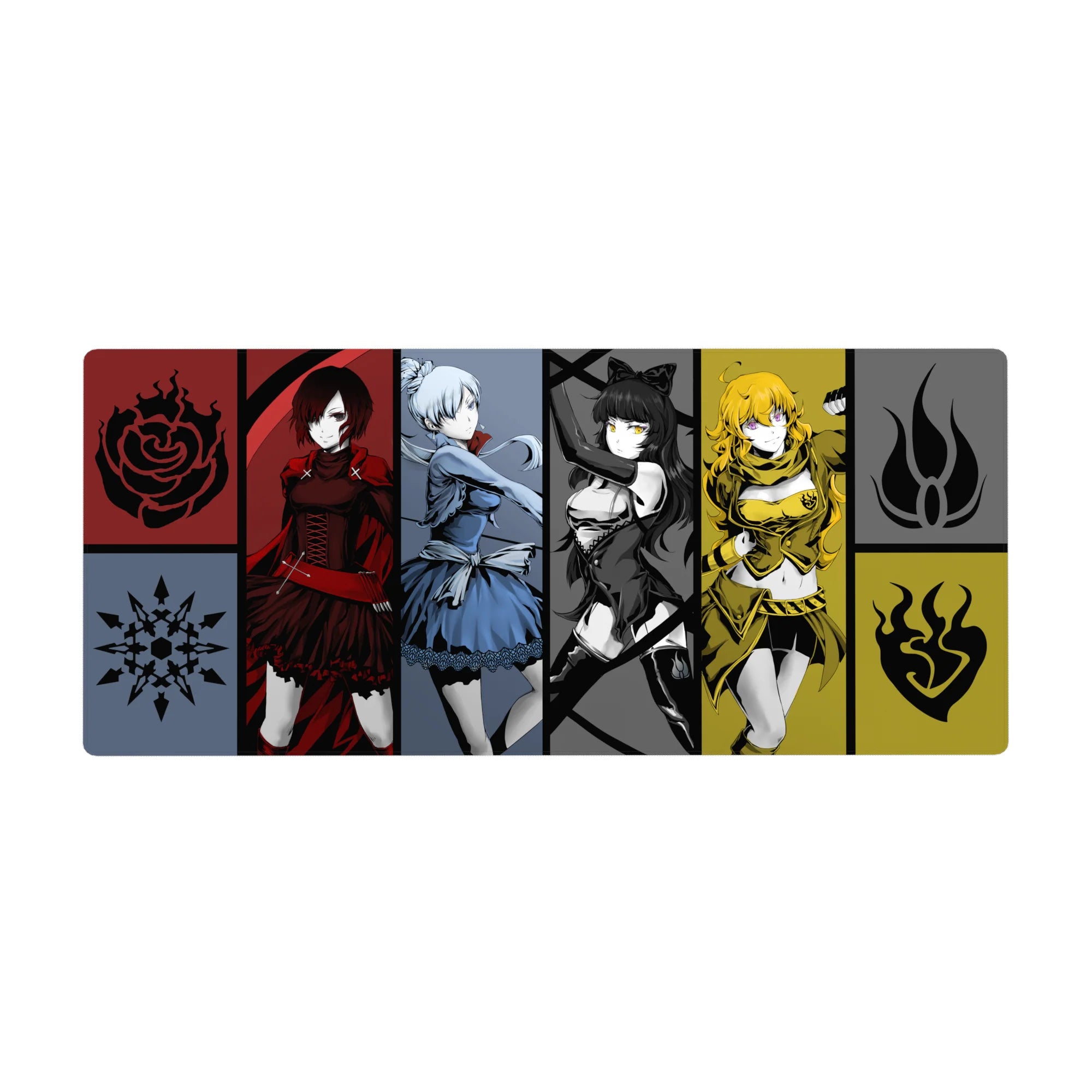 36x16 inches anime girl desk pad with four heroines in bold panels, tribal emblems, sharp graphic frames.