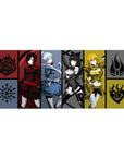 36x16 inches anime girl desk pad with four heroines in bold panels, tribal emblems, sharp graphic frames.