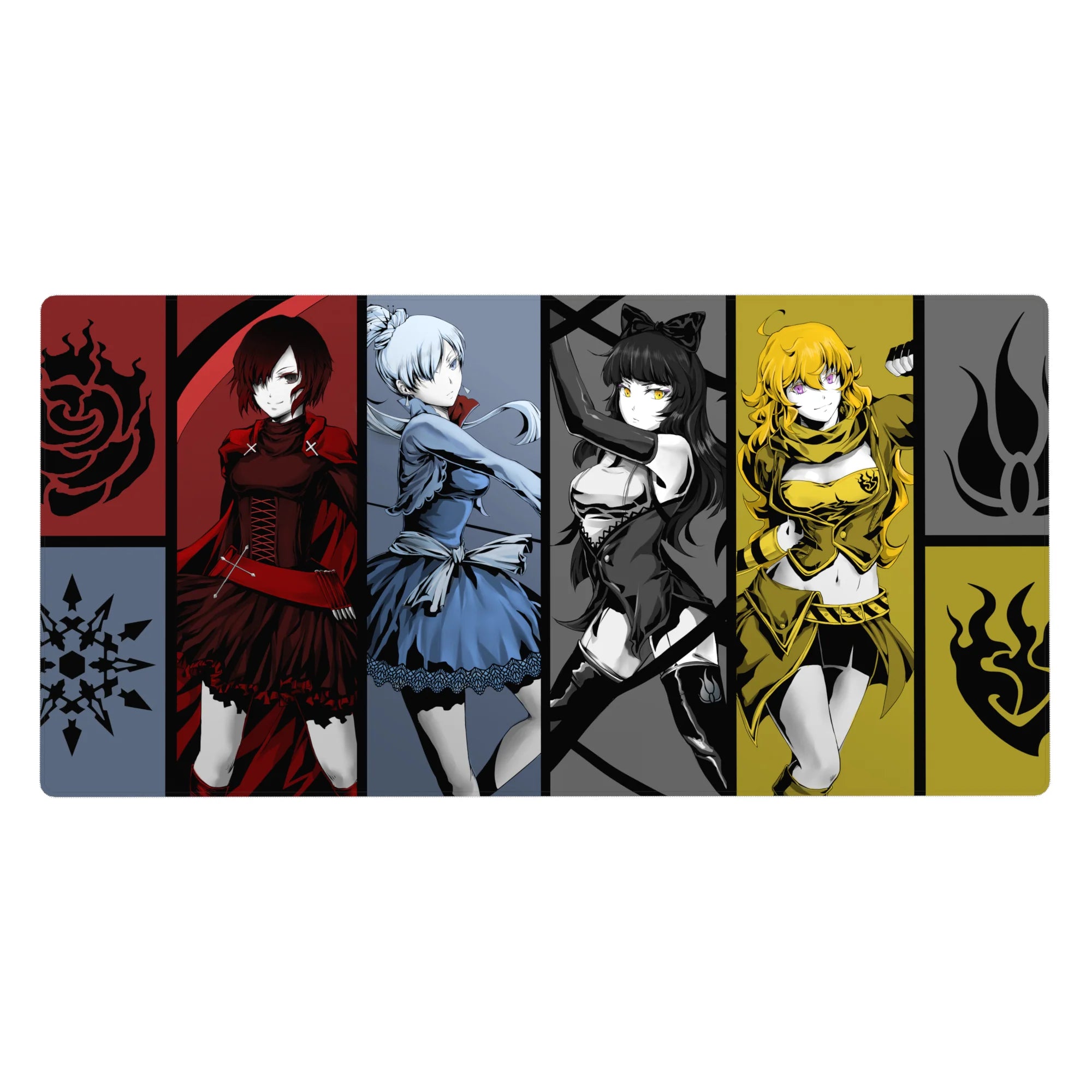 Anime girl desk pad 40x20 inches with four heroines in bold panels, tribal emblems, sharp framing.