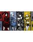 Anime girl desk pad 40x20 inches with four heroines in bold panels, tribal emblems, sharp framing.