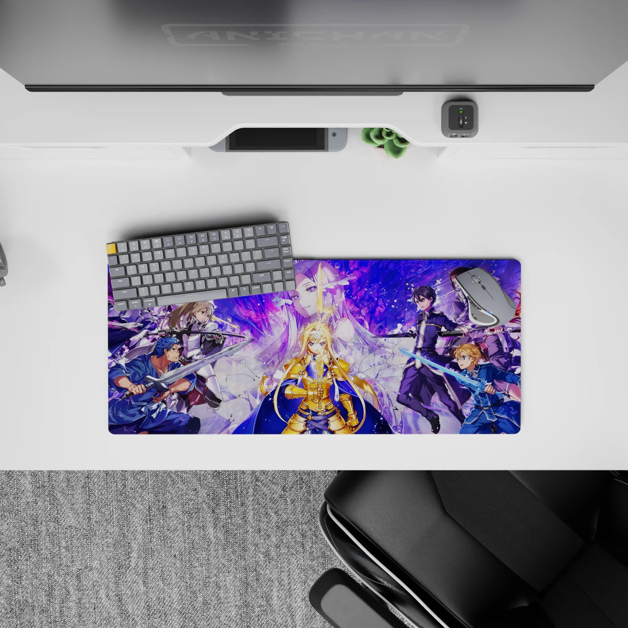 Sword Art Online anime mouse pad, 28x12 inches, featuring Alice in radiant armor amid a vivid standoff with allies and foes.