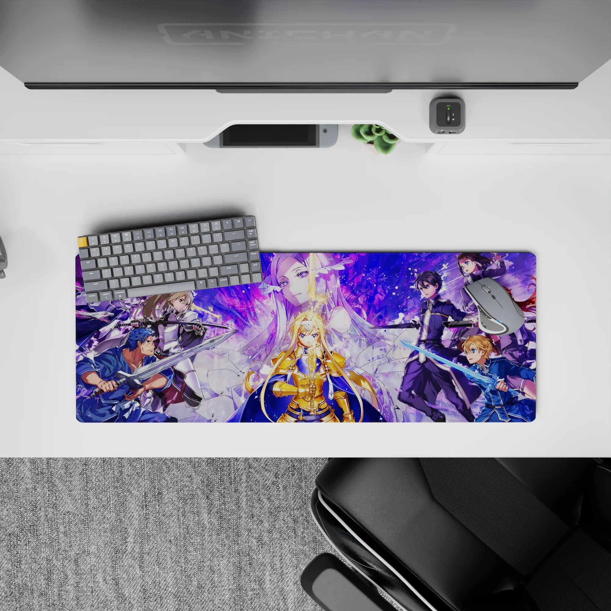 Sword Art Online mouse pad 32x12 inches featuring Alice in radiant armor amid allies and foes in vivid blues and golds.