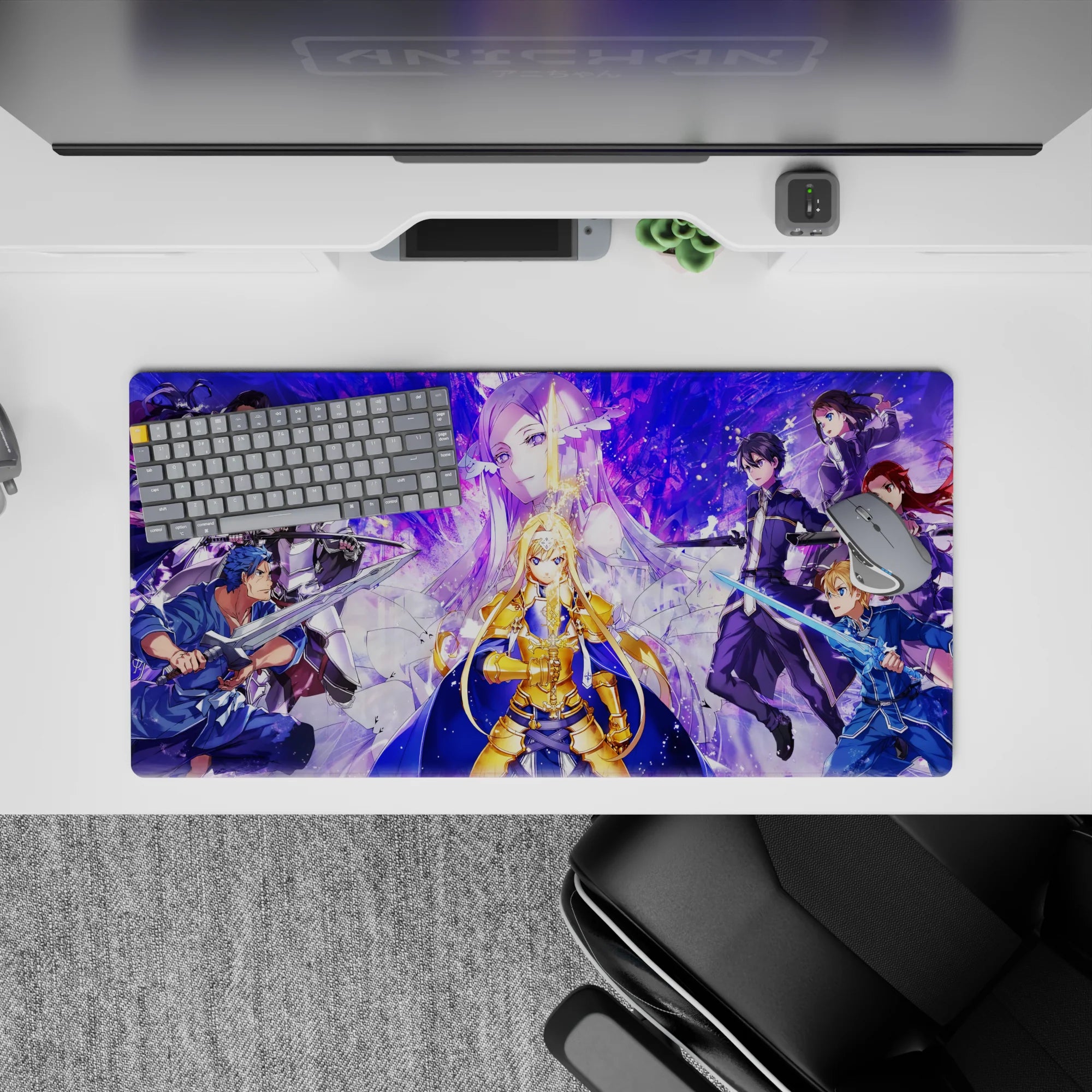 Sword Art Online mouse pad 32x16 inches featuring Alice in radiant armor, surrounded by allies and enemies in battle.