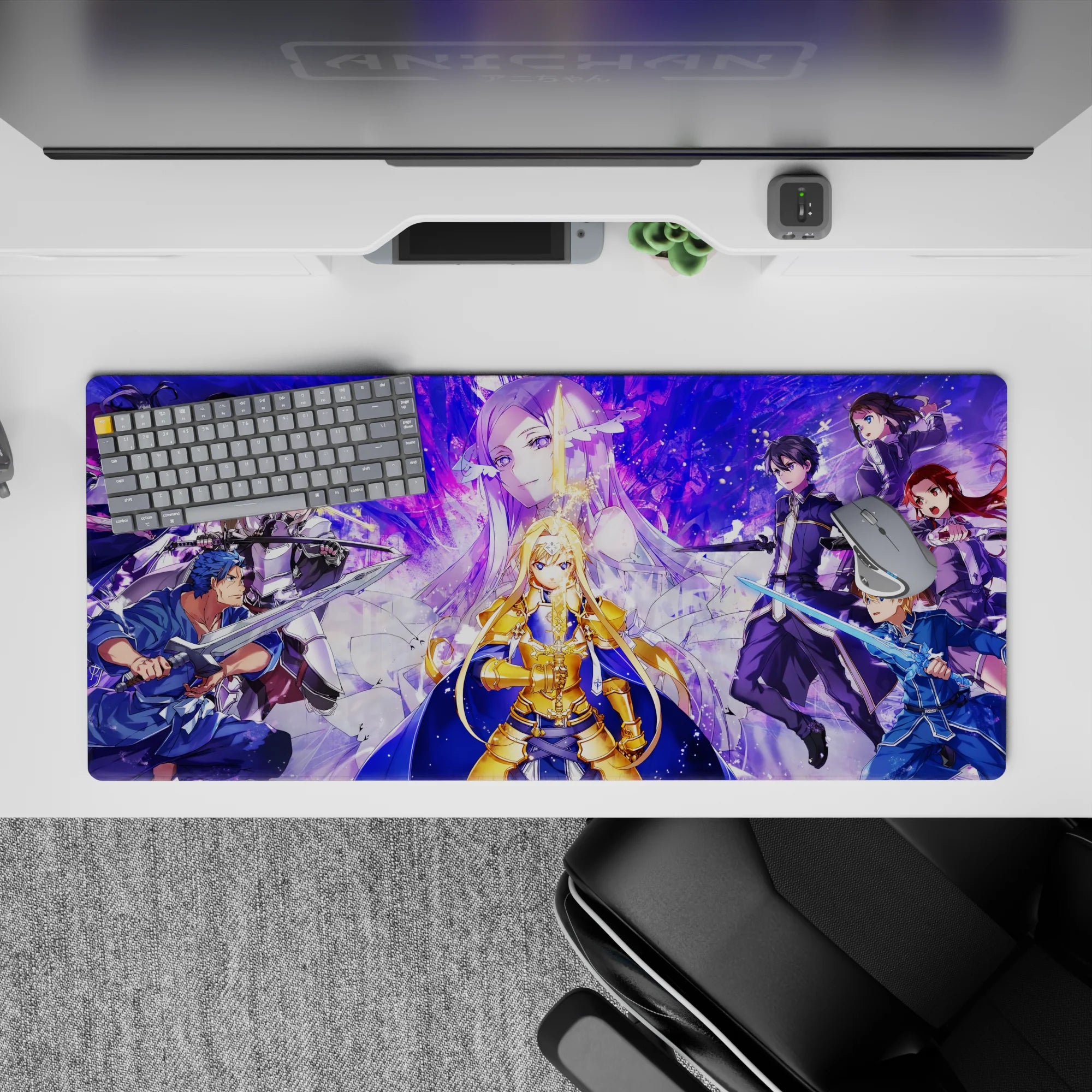 Sword Art Online desk pad 36x16 inches featuring Alice in radiant armor amidst an intense standoff with allies and enemies.