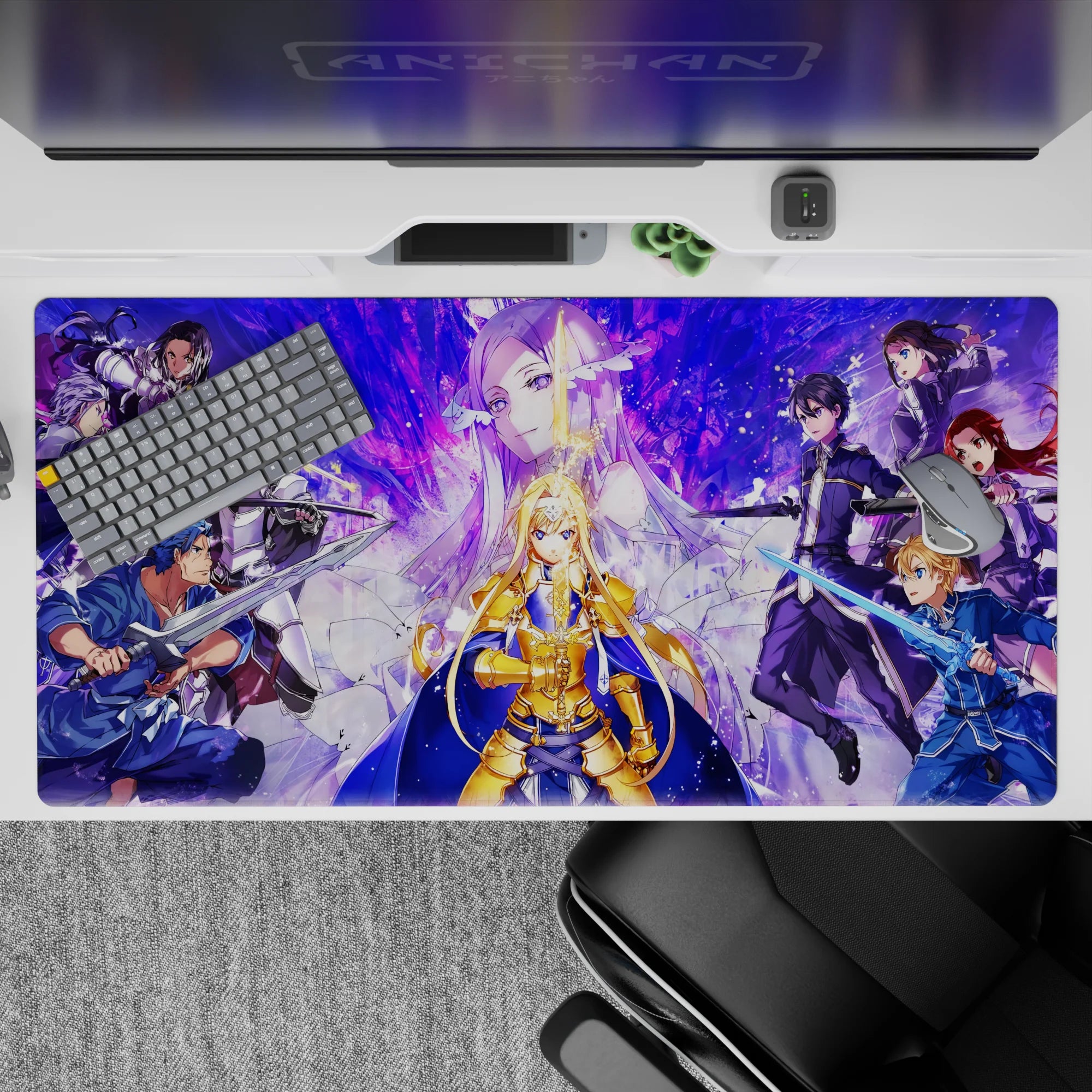 Sword Art Online anime desk pad 40x20 inches featuring Alice in radiant armor amidst an intense standoff with allies and enemies.
