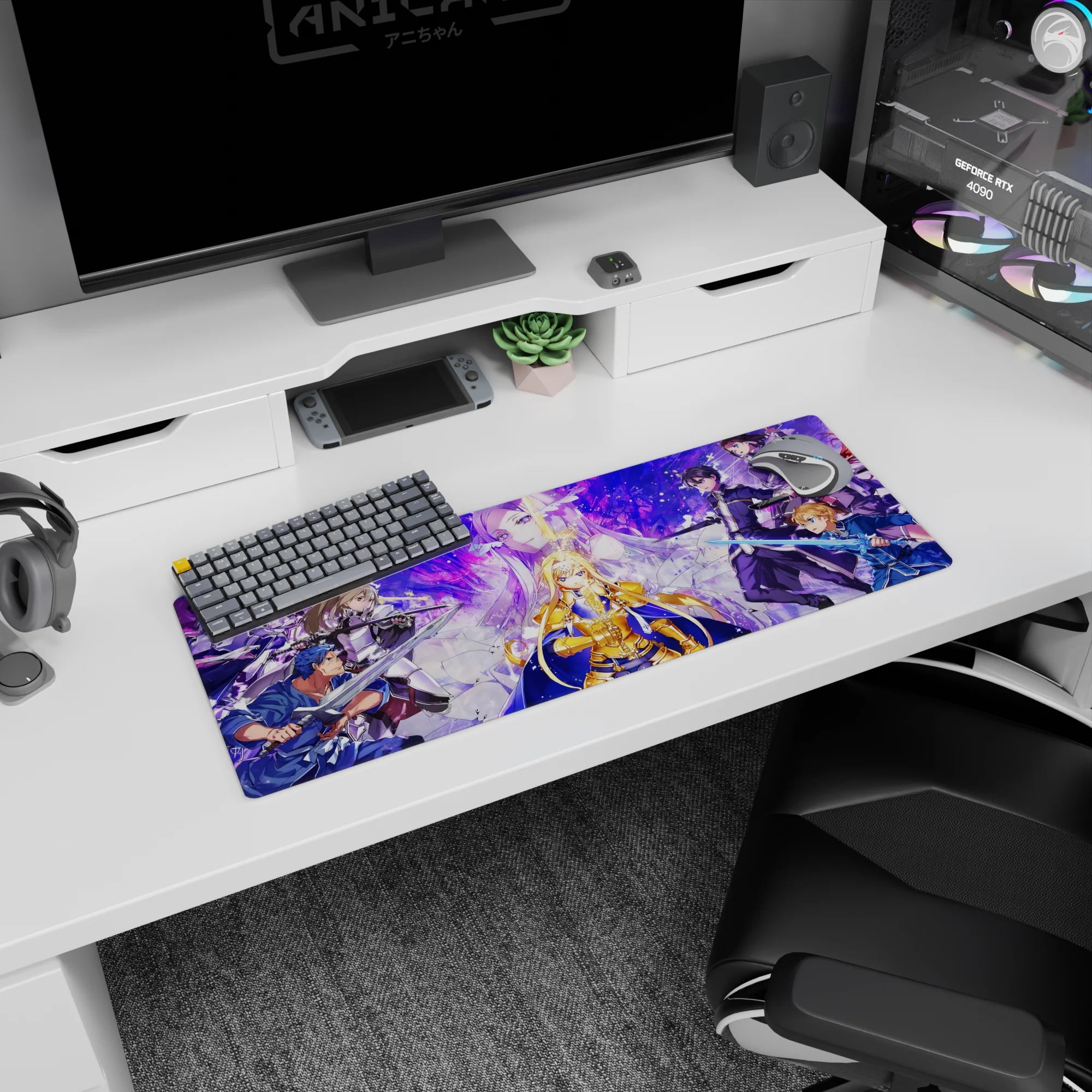 Sword Art Online mouse pad 32x12 inches featuring Alice in radiant armor amidst allies and enemies in vibrant colors.