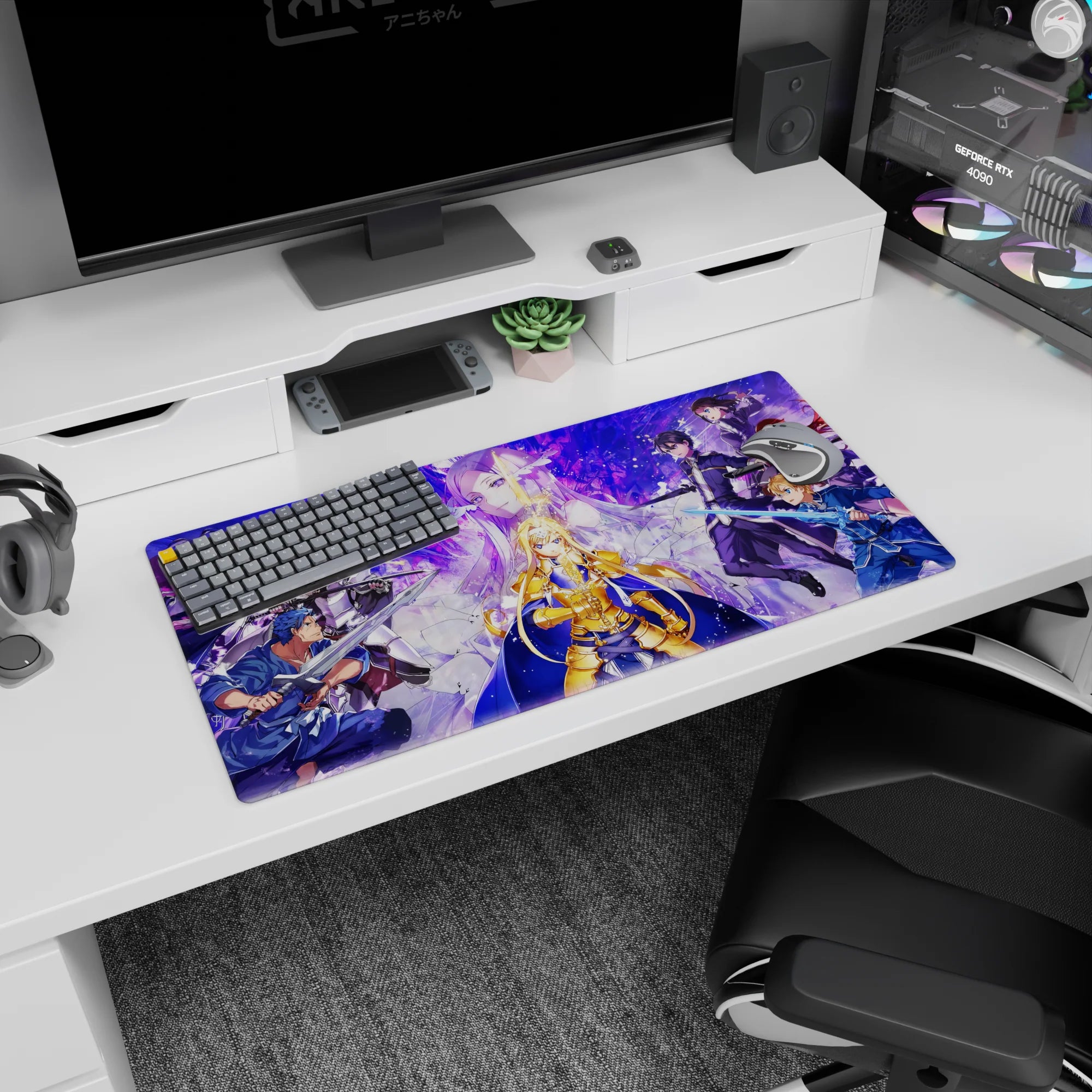 Sword Art Online mouse pad 32x16 inches featuring Alice in radiant armor with allies and enemies in vivid colors.