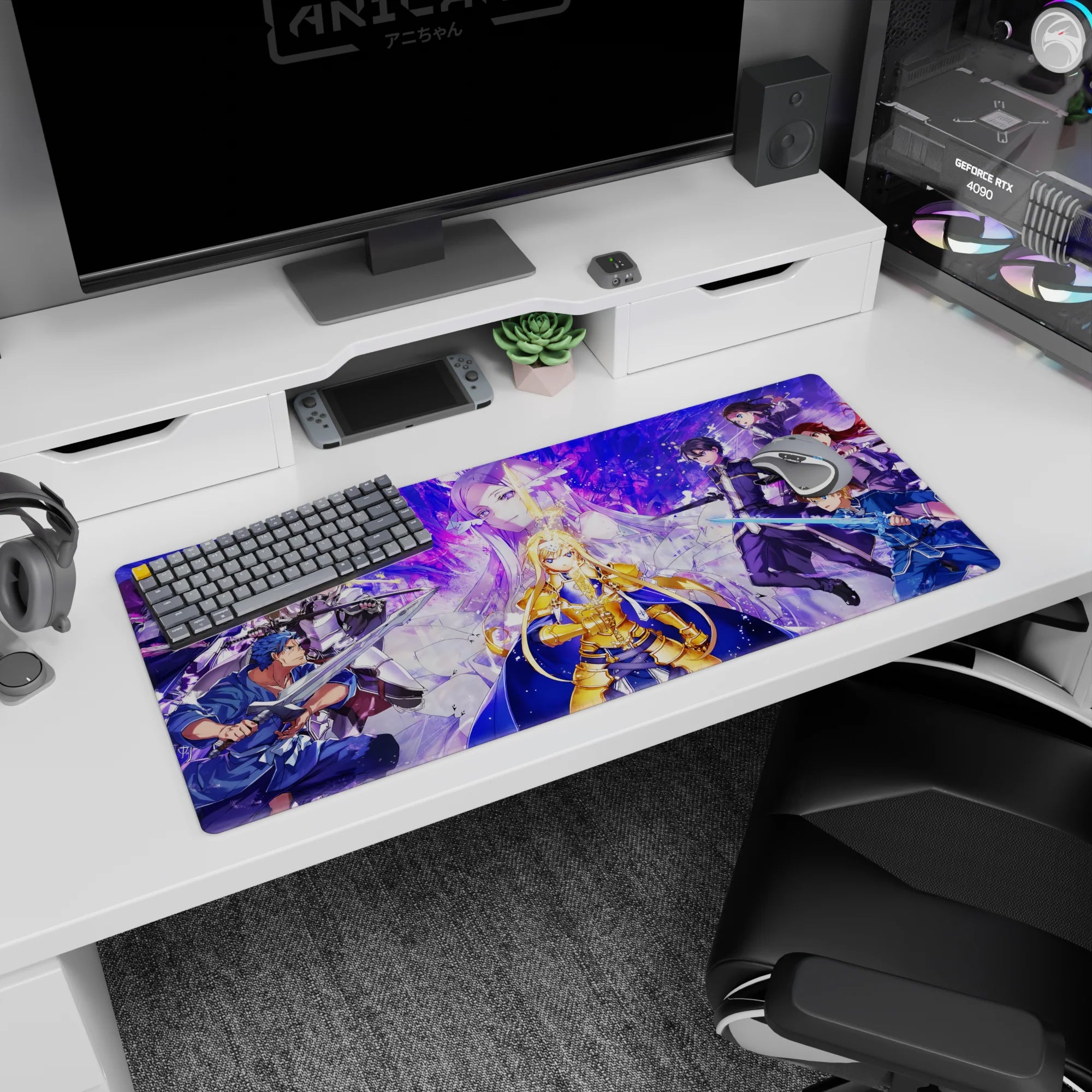 Sword Art Online desk pad 36x16 inches featuring Alice in radiant armor amidst an epic standoff with allies and foes.