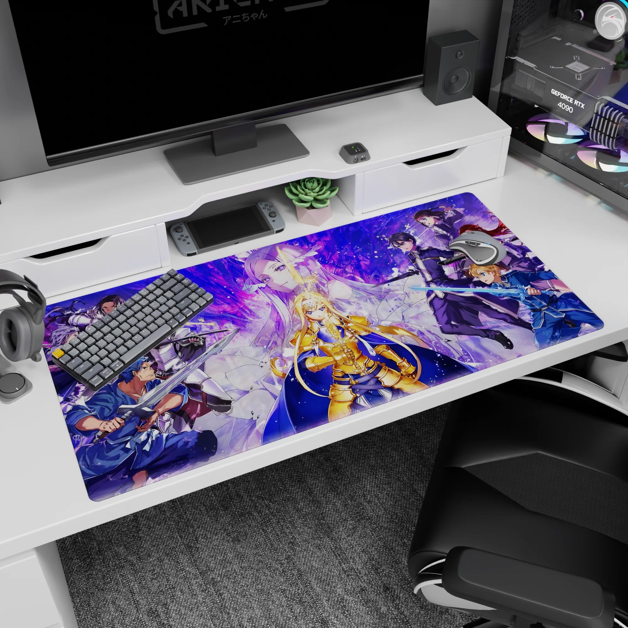 Sword Art Online mouse pad, 40x20 inches, featuring Alice in radiant armor amid a fierce standoff with allies and foes.