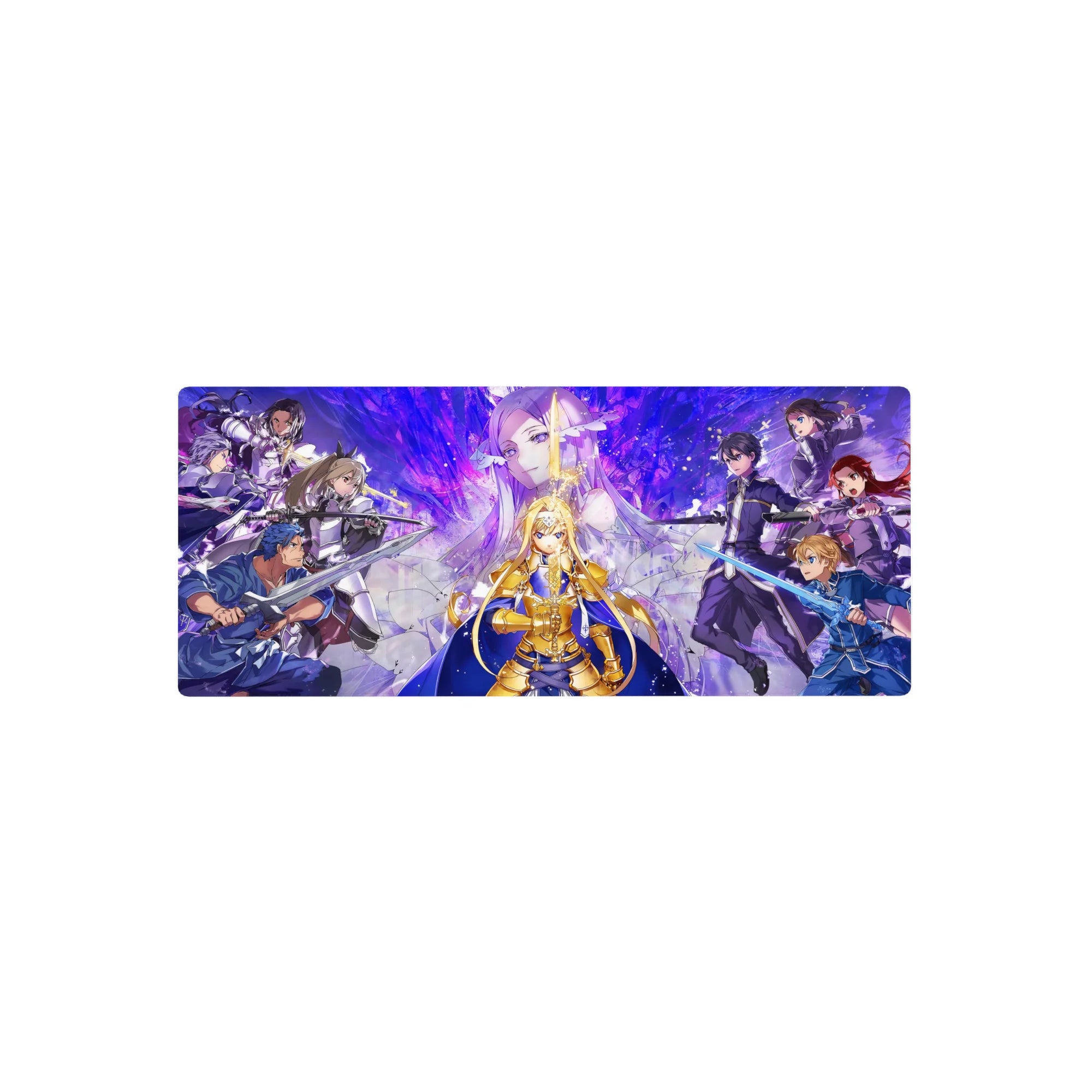 Sword Art Online anime mouse pad 28x12 inches featuring Alice in radiant armor amidst allies and enemies in vivid colors.