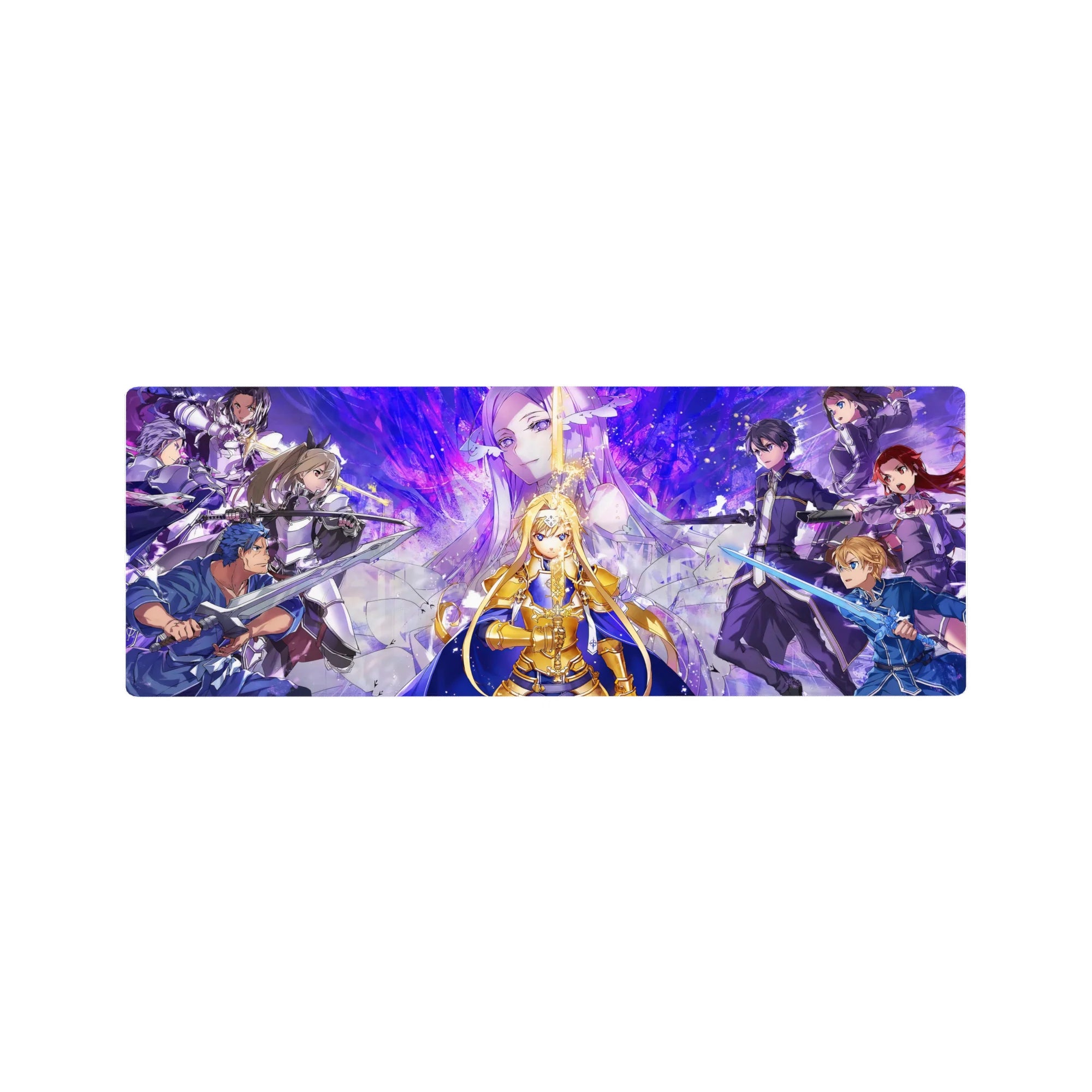 Sword Art Online anime mouse pad 32x12 inches featuring Alice in radiant armor amid allies and enemies in vivid colors.