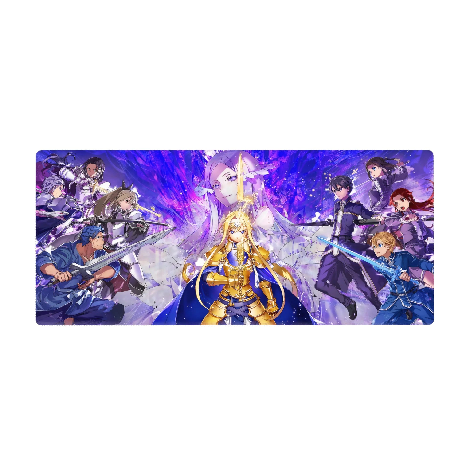Sword Art Online desk pad 36x16 inches featuring Alice in radiant armor amidst an intense standoff in vivid colors.