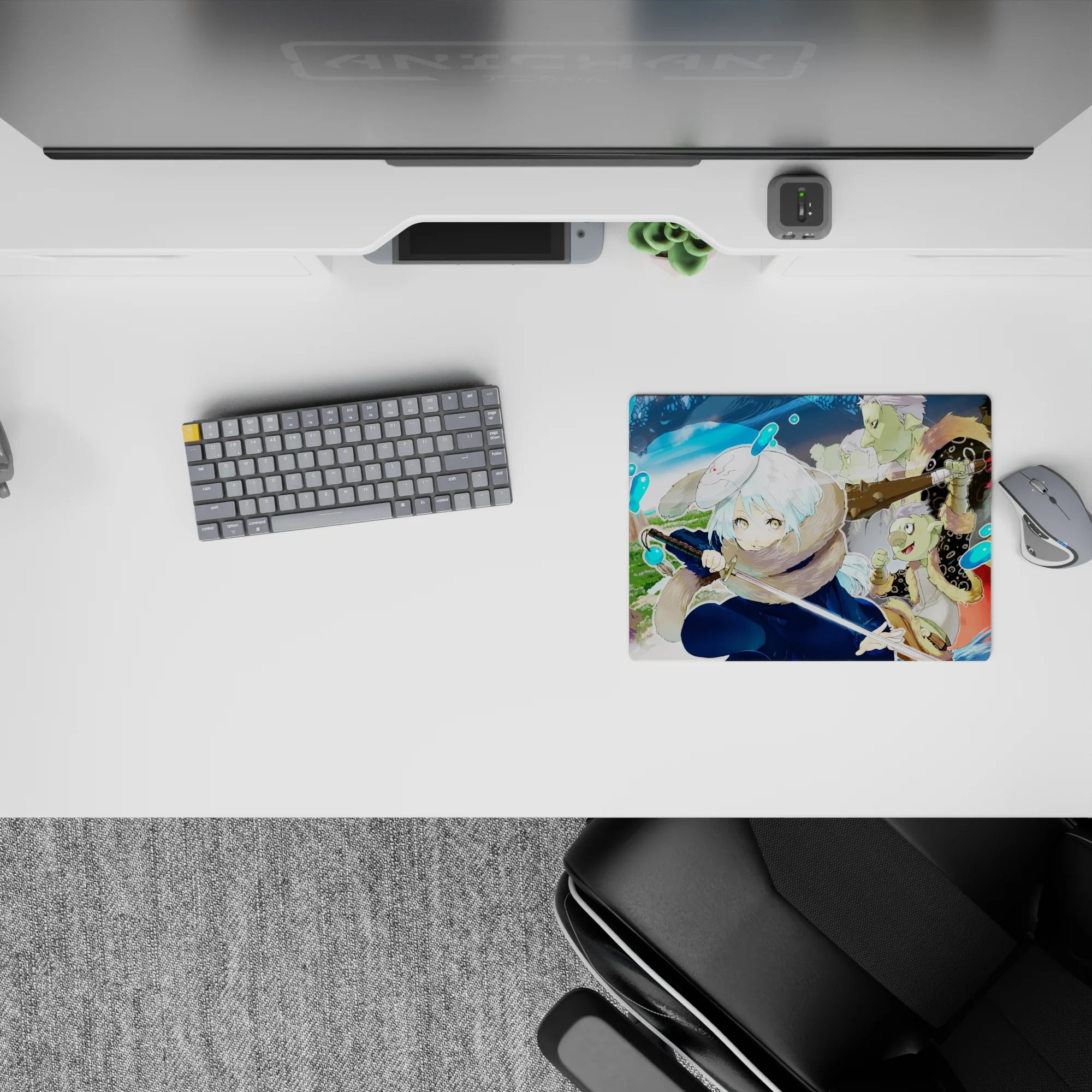 14x10 inches anime mouse pad in warm oranges and icy blues, cozy winter vibe with crisp bold lines.