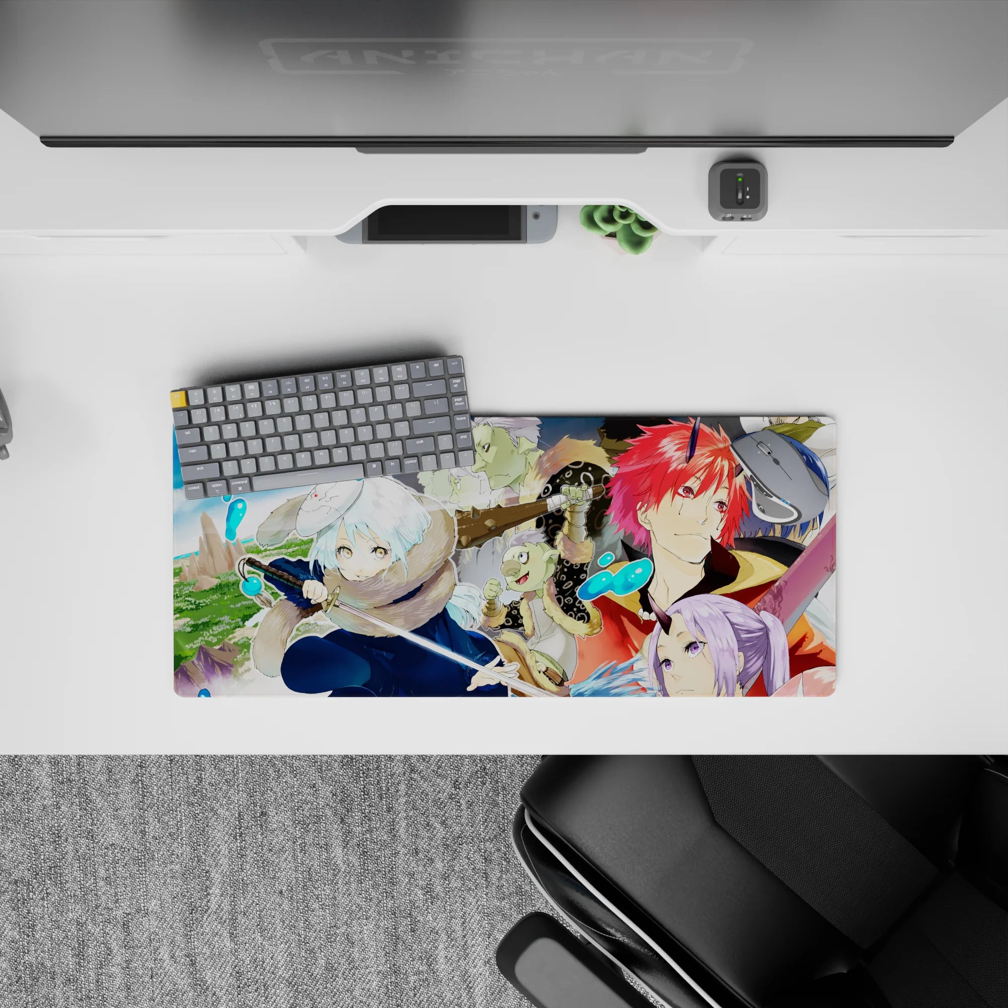 28x12 inches anime mouse pad in warm oranges and icy blues, crisp lines and cozy winter adventure vibe.