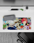 28x12 inches anime mouse pad in warm oranges and icy blues, crisp lines and cozy winter adventure vibe.