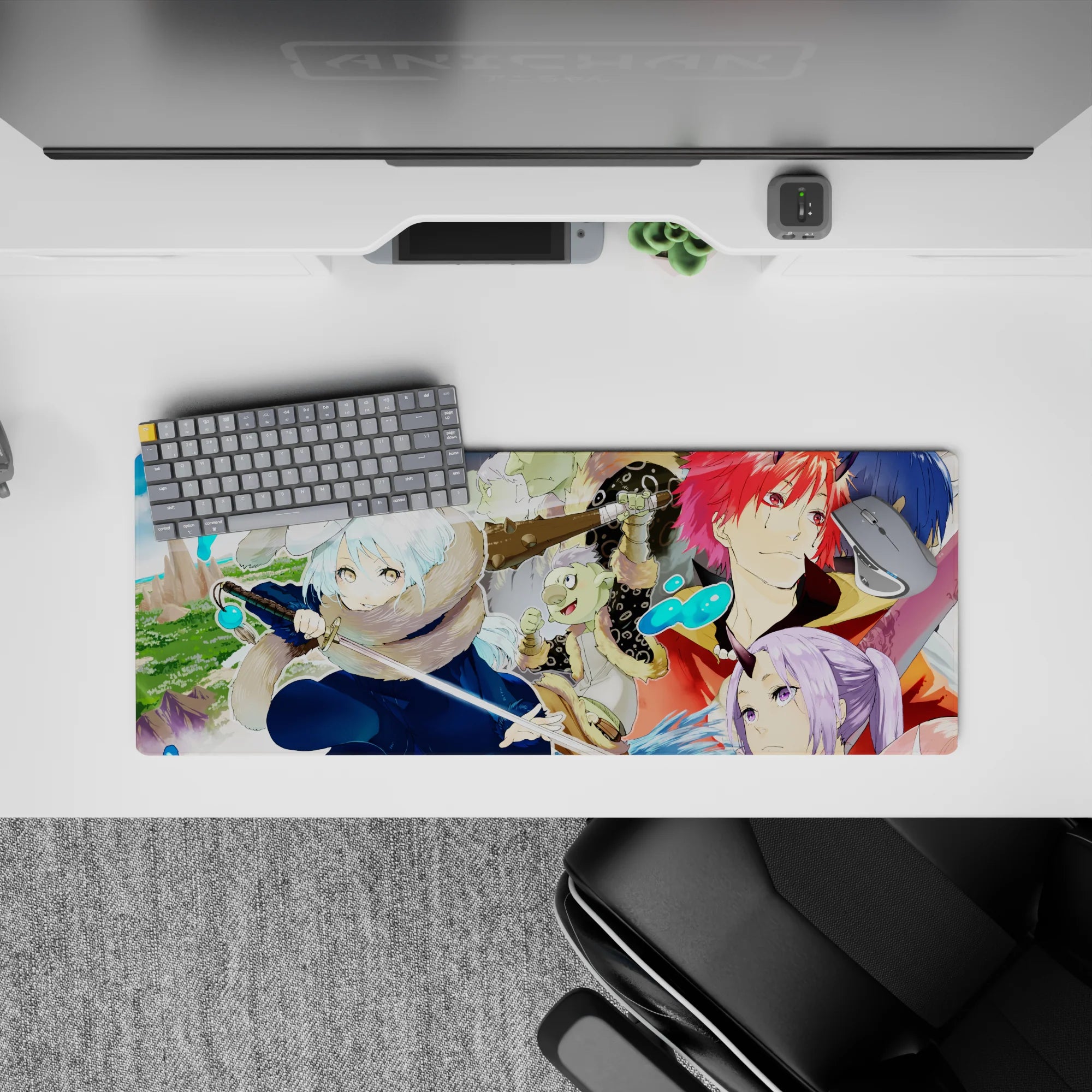 32x12 inches anime mouse pad in warm orange and icy blue splashes, cozy winter vibe and bold lines.