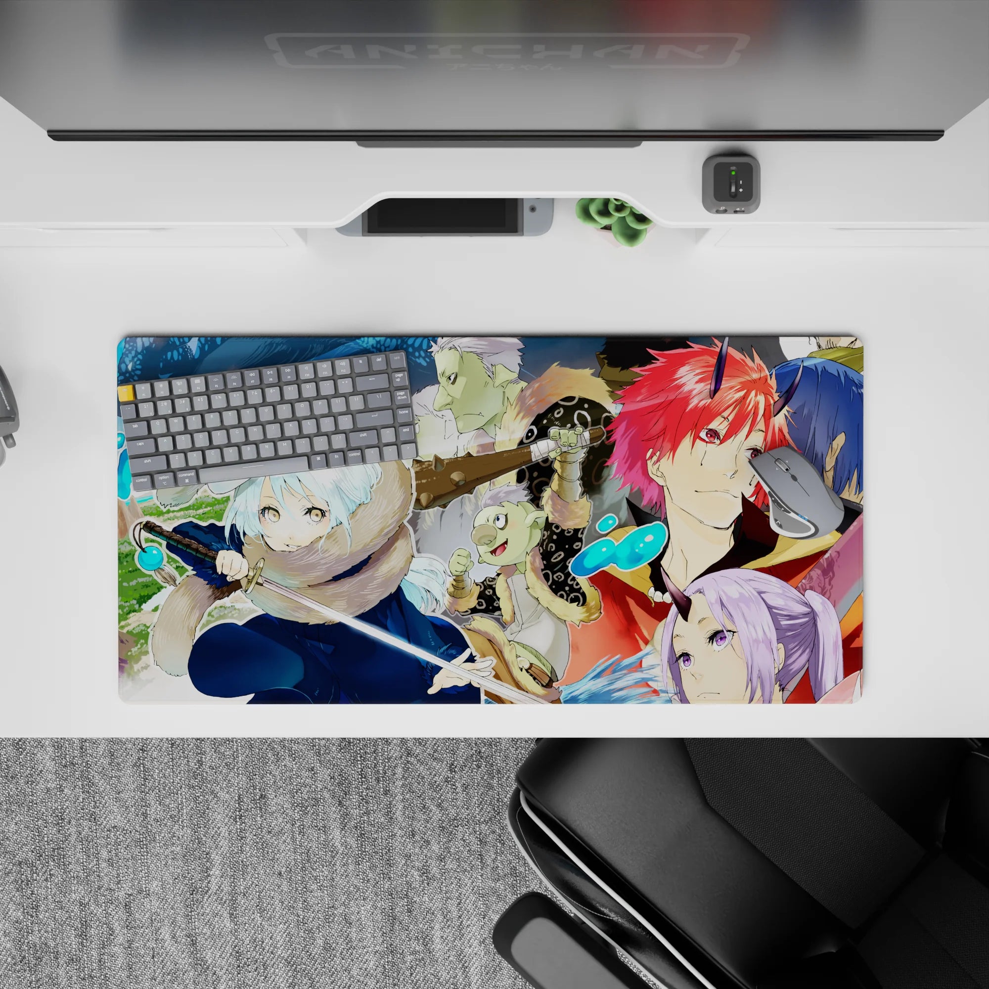 32x16 inches anime mouse pad in warm oranges and icy blues, crisp lines and magic splash energy.