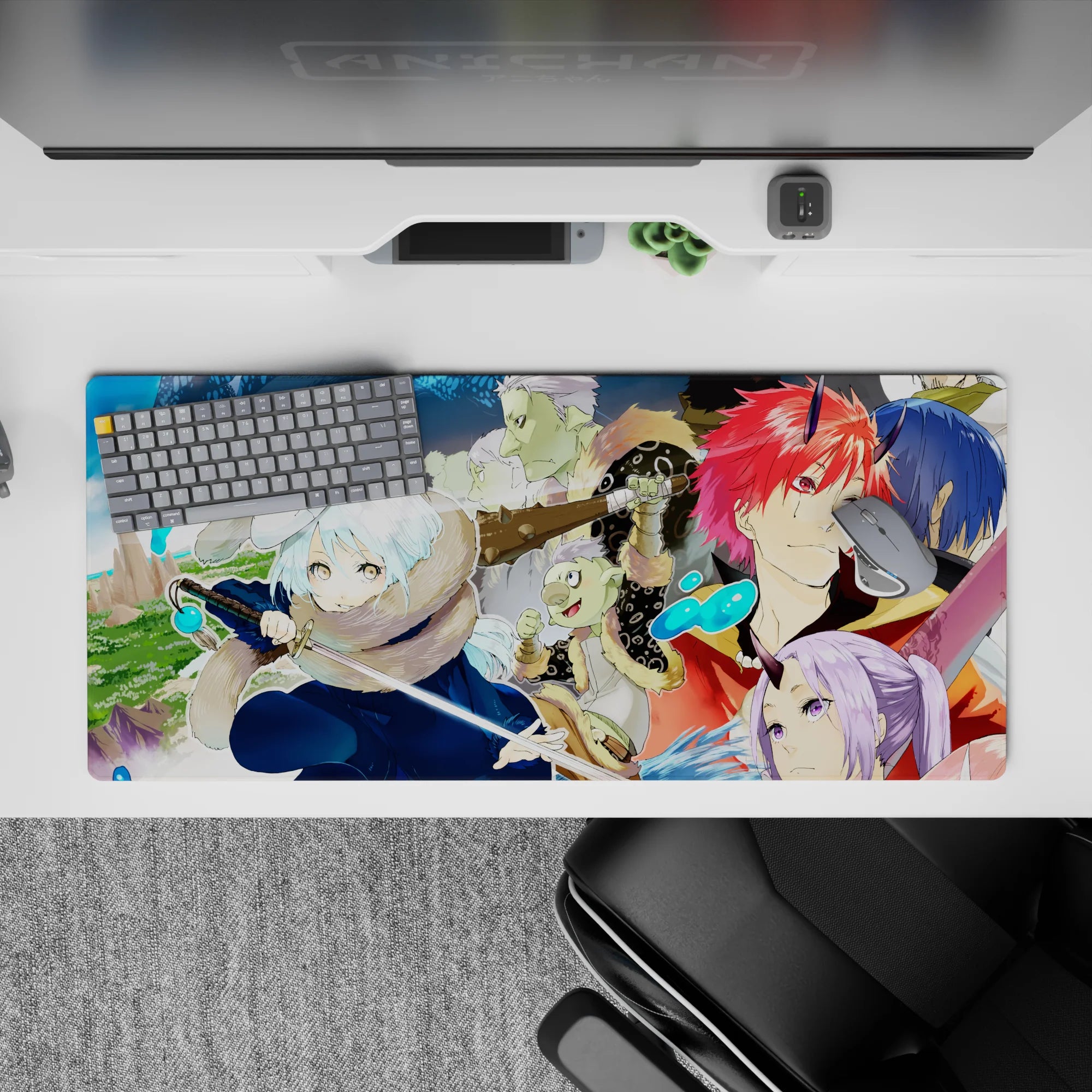 36x16 inches anime desk pad in warm oranges and icy blues, crisp lines, bold blocks, cozy vibe.