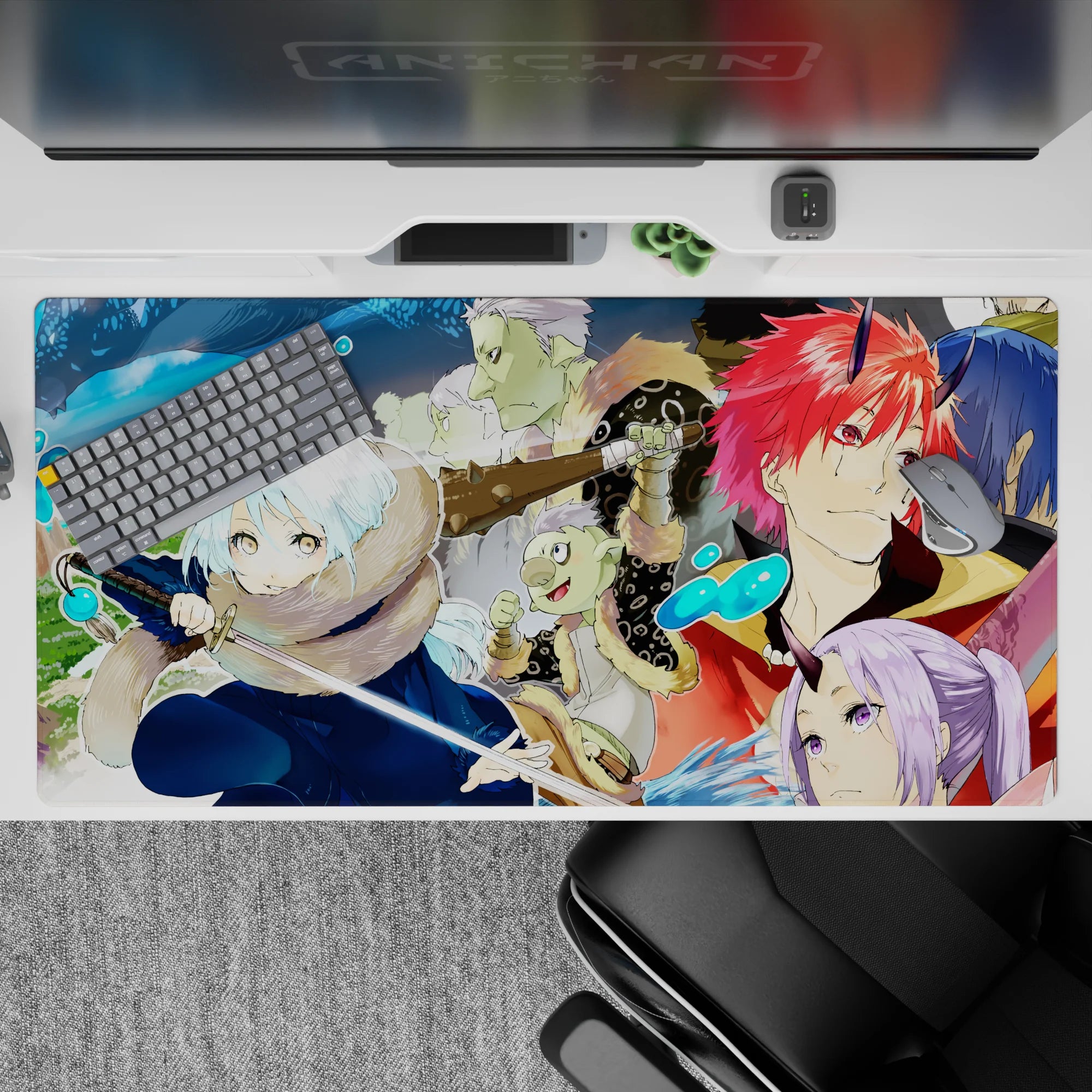 40x20 inches anime desk pad in warm oranges and icy blues, cozy winter vibe with magic splash accents.