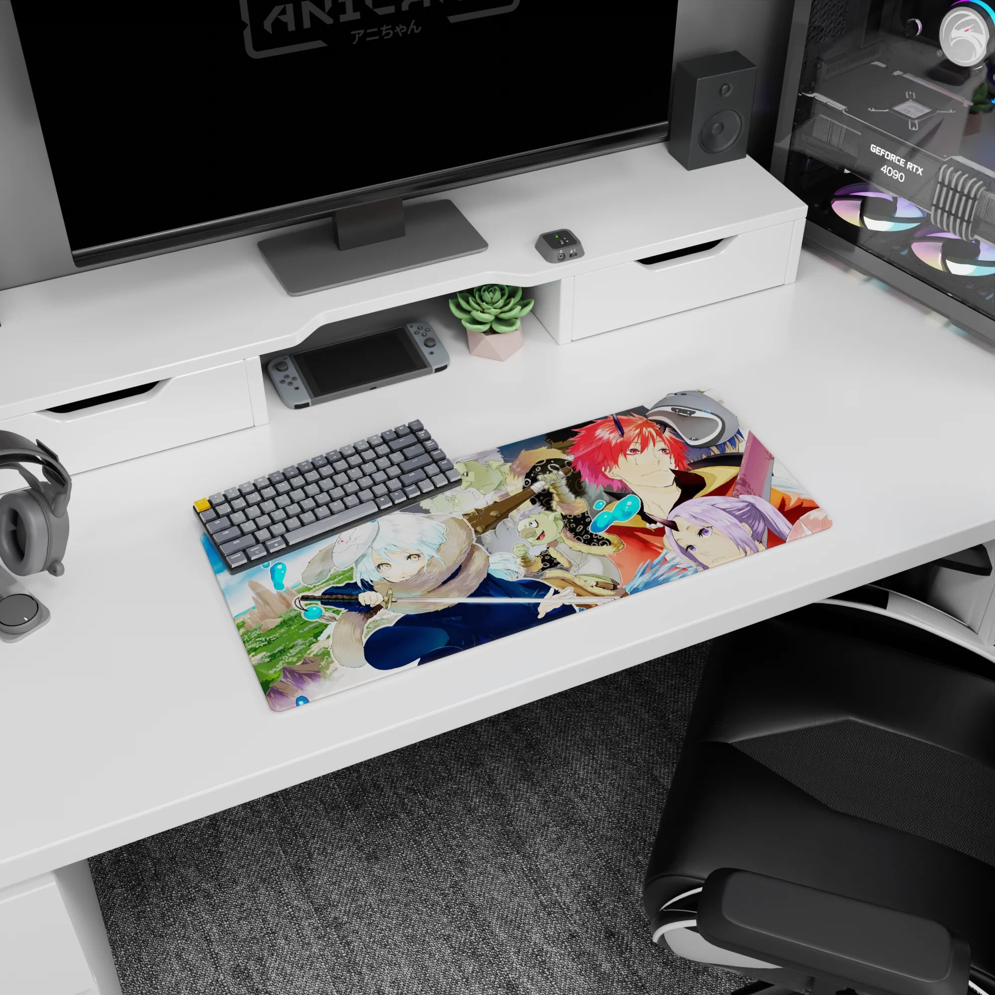 28x12 inches anime mouse pad showing snow-haired warrior crouched with blade, red-haired horned hero behind.
