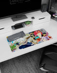 28x12 inches anime mouse pad showing snow-haired warrior crouched with blade, red-haired horned hero behind.