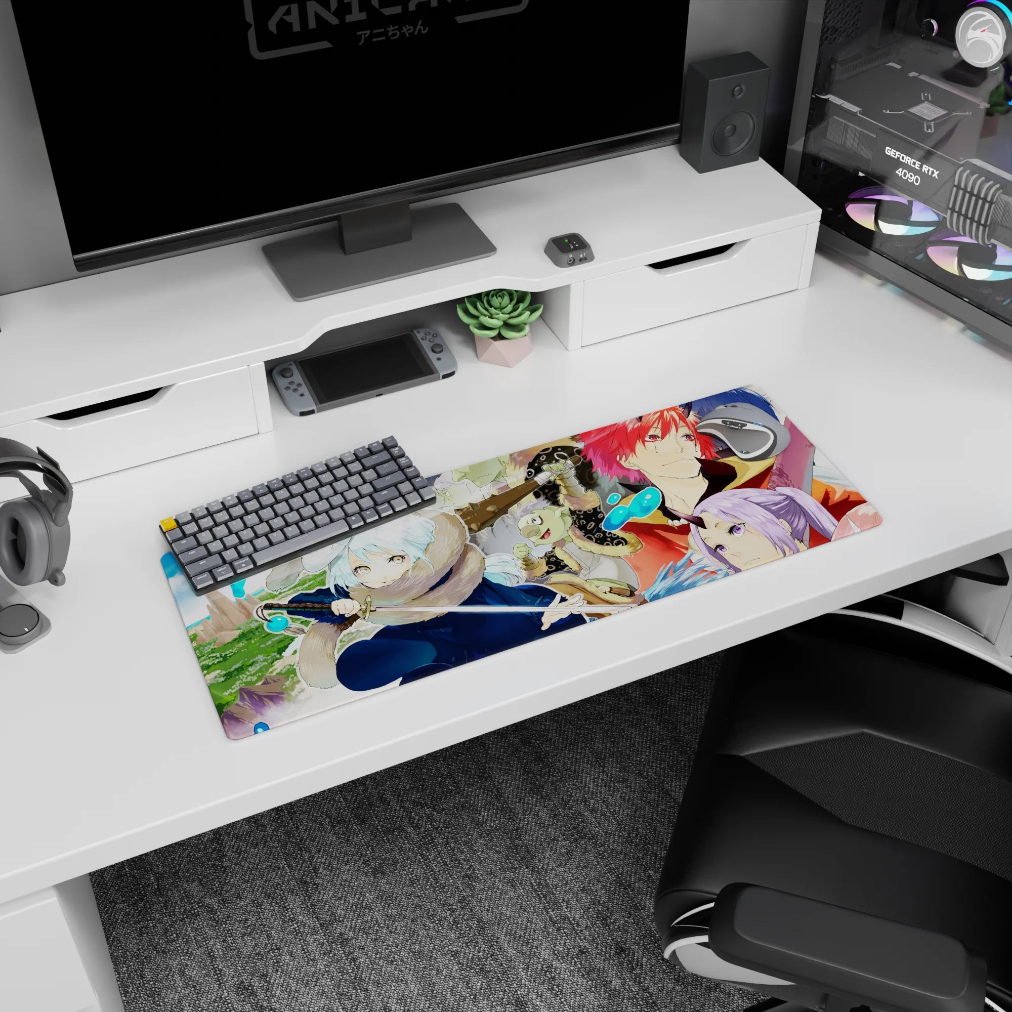 32x12 inches anime mouse pad featuring snow-haired swordswoman crouched low, red-haired horned ally behind.