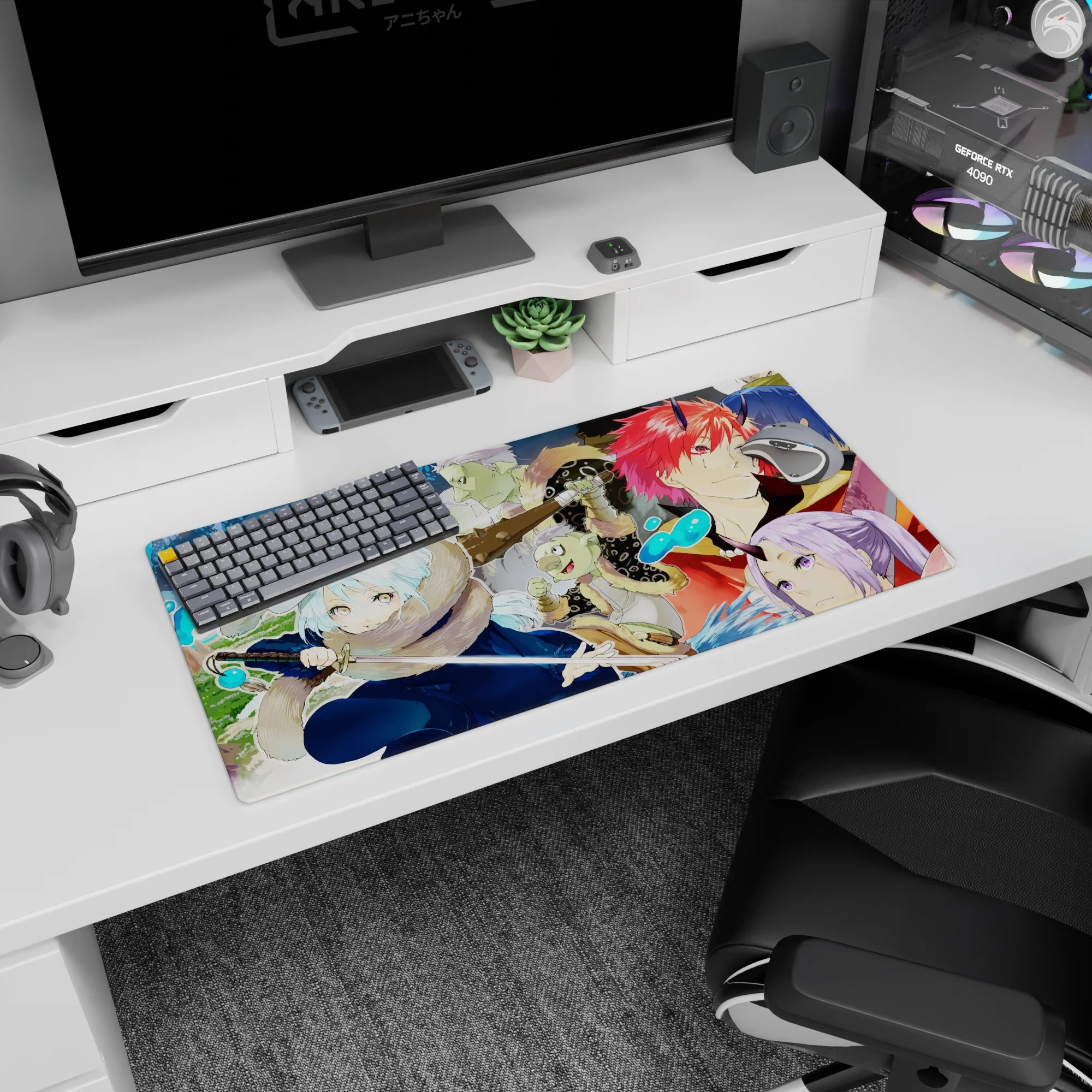 32x16 inches anime mouse pad showing snow-haired swordswoman crouched, horned redhead grinning behind.