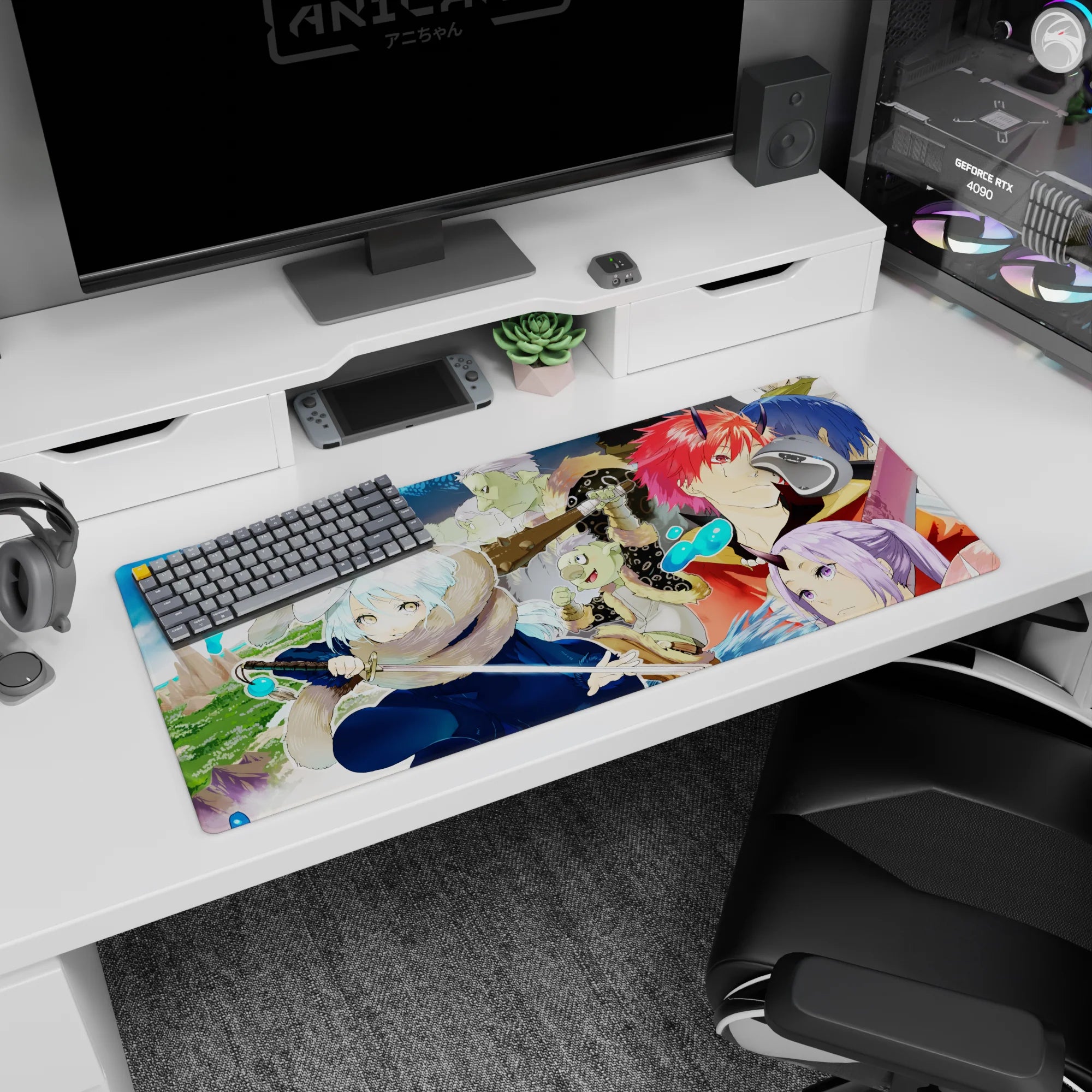 36x16 inches anime desk pad showing snow-haired swordswoman crouched, red-haired horned ally behind.