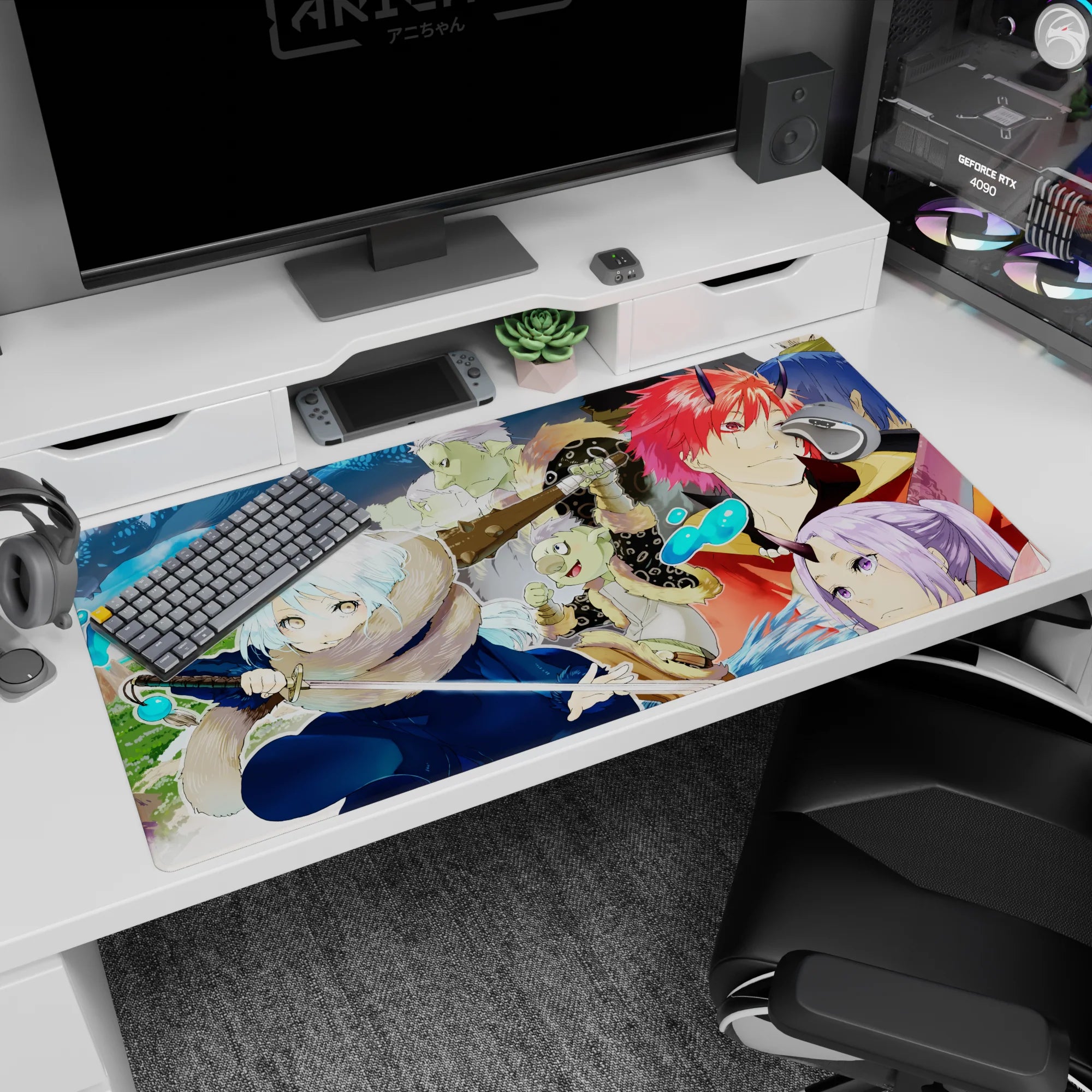 40x20 inches anime desk pad showing snow-haired fighter crouched with blade, horned redhead behind her.