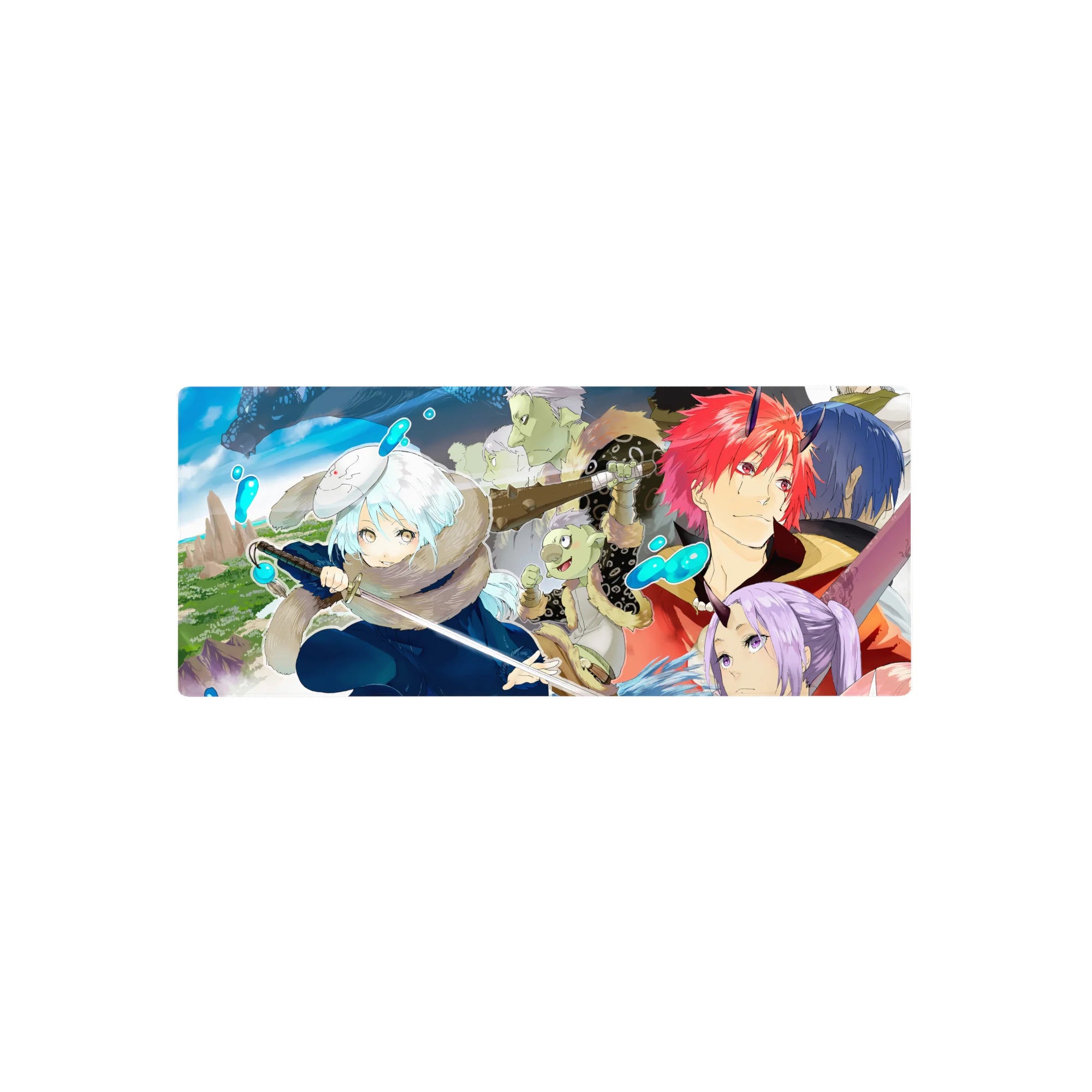 28x12 inches anime mouse pad with winter party battle panels, sword fighter, horned redhead, cheering allies.