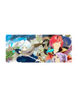 28x12 inches anime mouse pad with winter party battle panels, sword fighter, horned redhead, cheering allies.