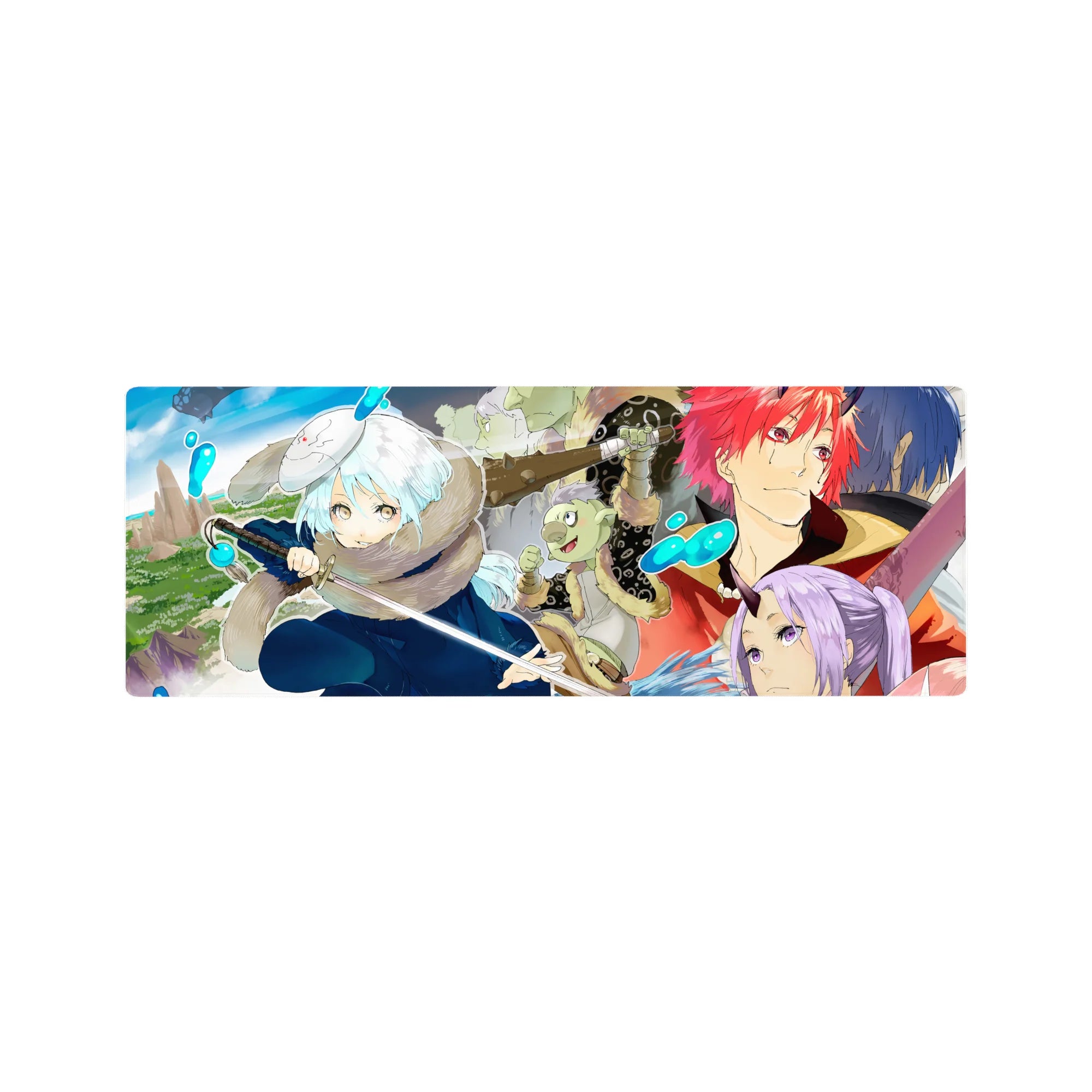 32x12 inches anime mouse pad with winter party scene, layered panels, sword fighter and horned hero.