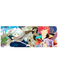 32x12 inches anime mouse pad with winter party scene, layered panels, sword fighter and horned hero.