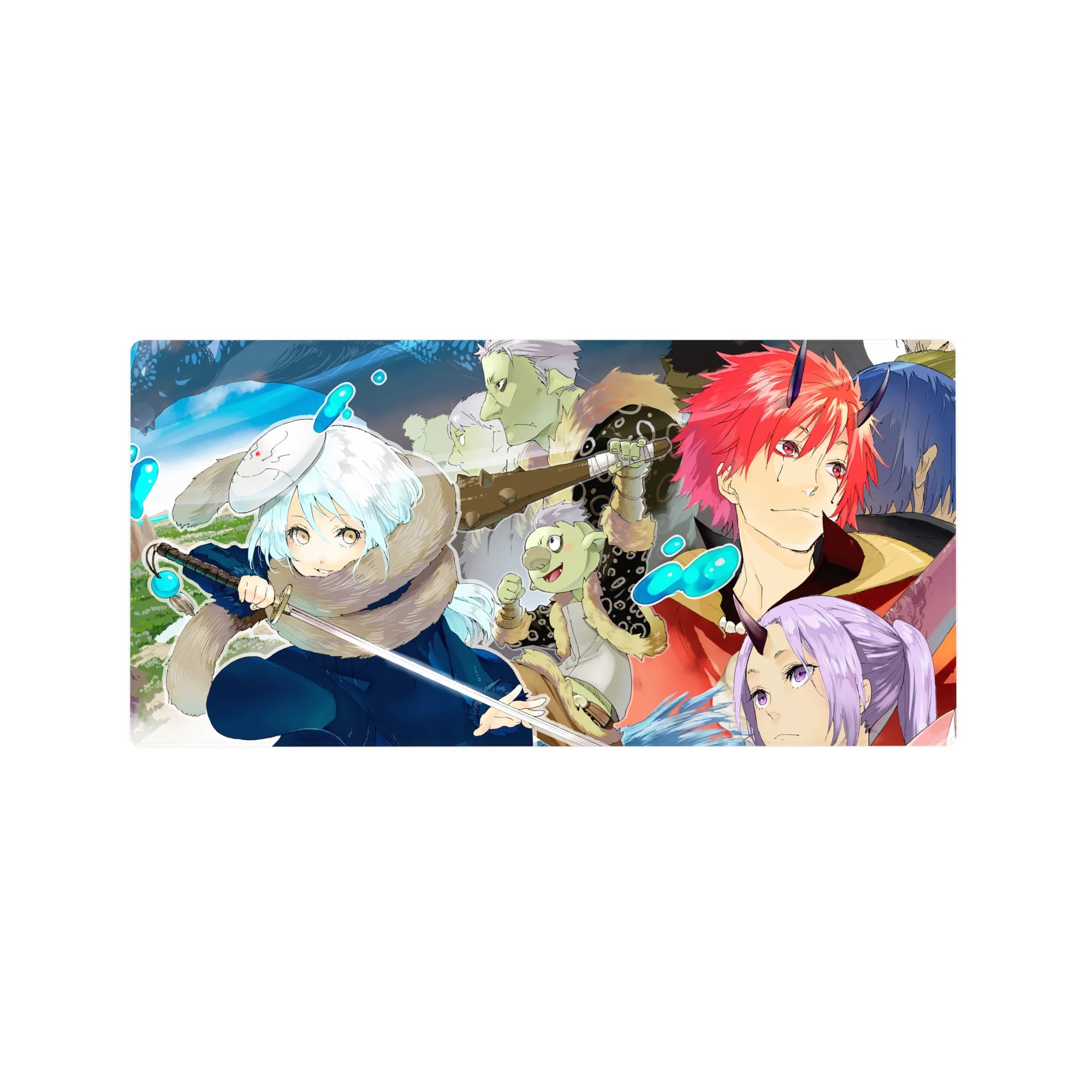 32x16 inches anime mouse pad with winter party battle art, layered panels, fur-collared swordswoman.