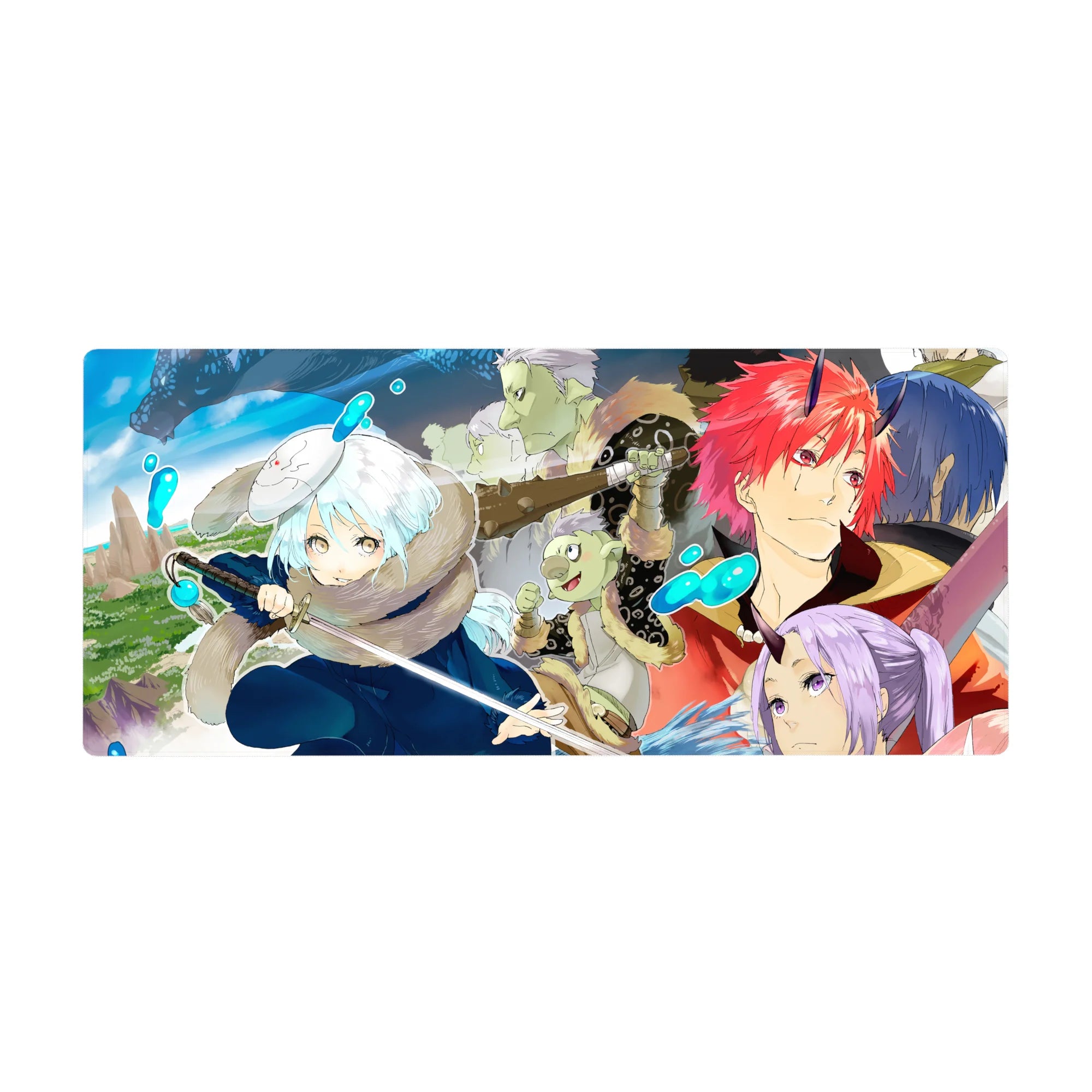 36x16 inches anime desk pad with winter fighter, horned hero, and layered party battle panels.