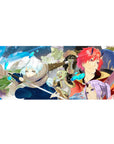 36x16 inches anime desk pad with winter fighter, horned hero, and layered party battle panels.