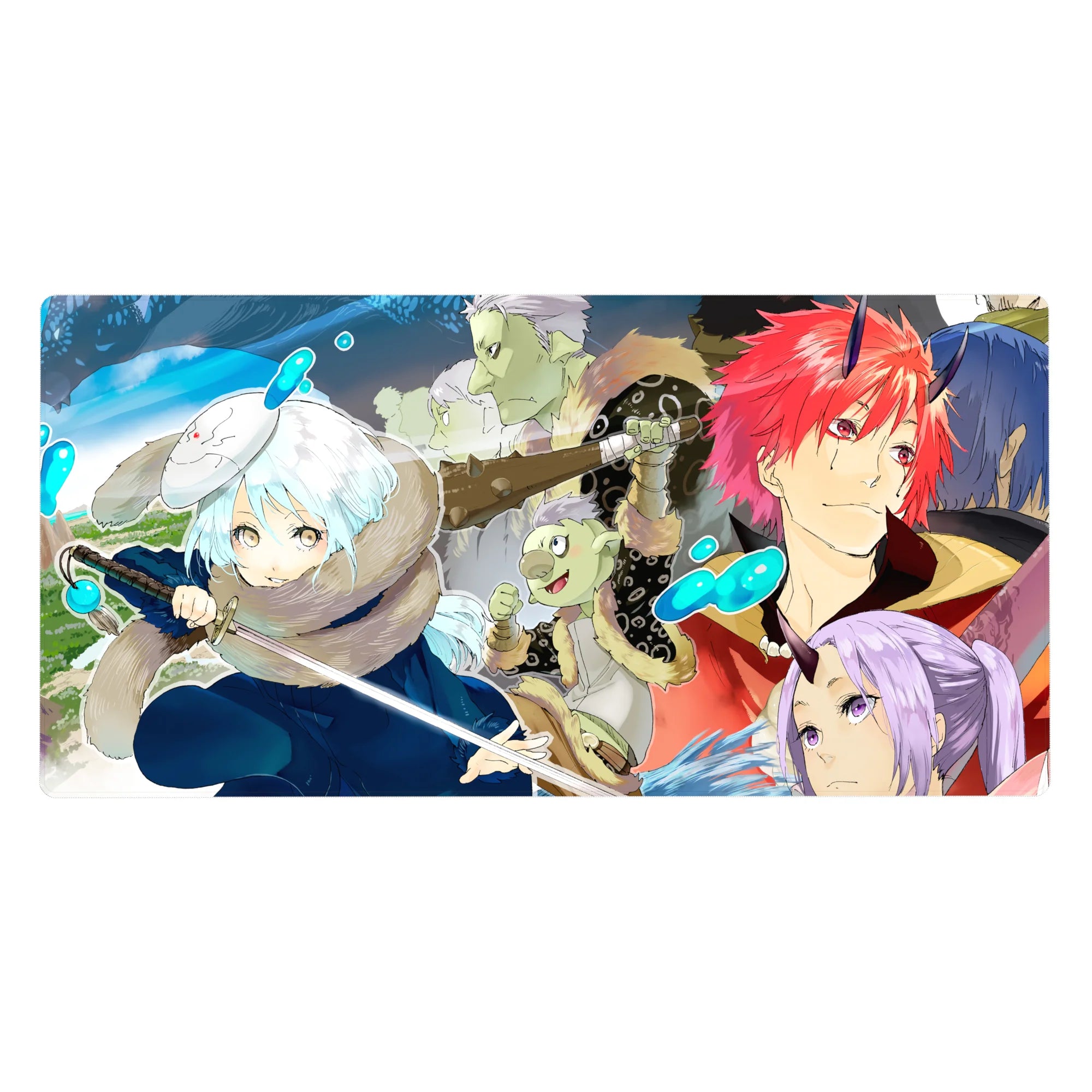 40x20 inches anime desk pad with winter battle party, swordfighter and horned hero in layered panels.
