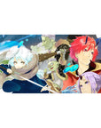 40x20 inches anime desk pad with winter battle party, swordfighter and horned hero in layered panels.