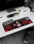 Nezuko anime mouse pad, size 32x12 inches, features her fierce pink eyes and dynamic hair in a blazing red design.