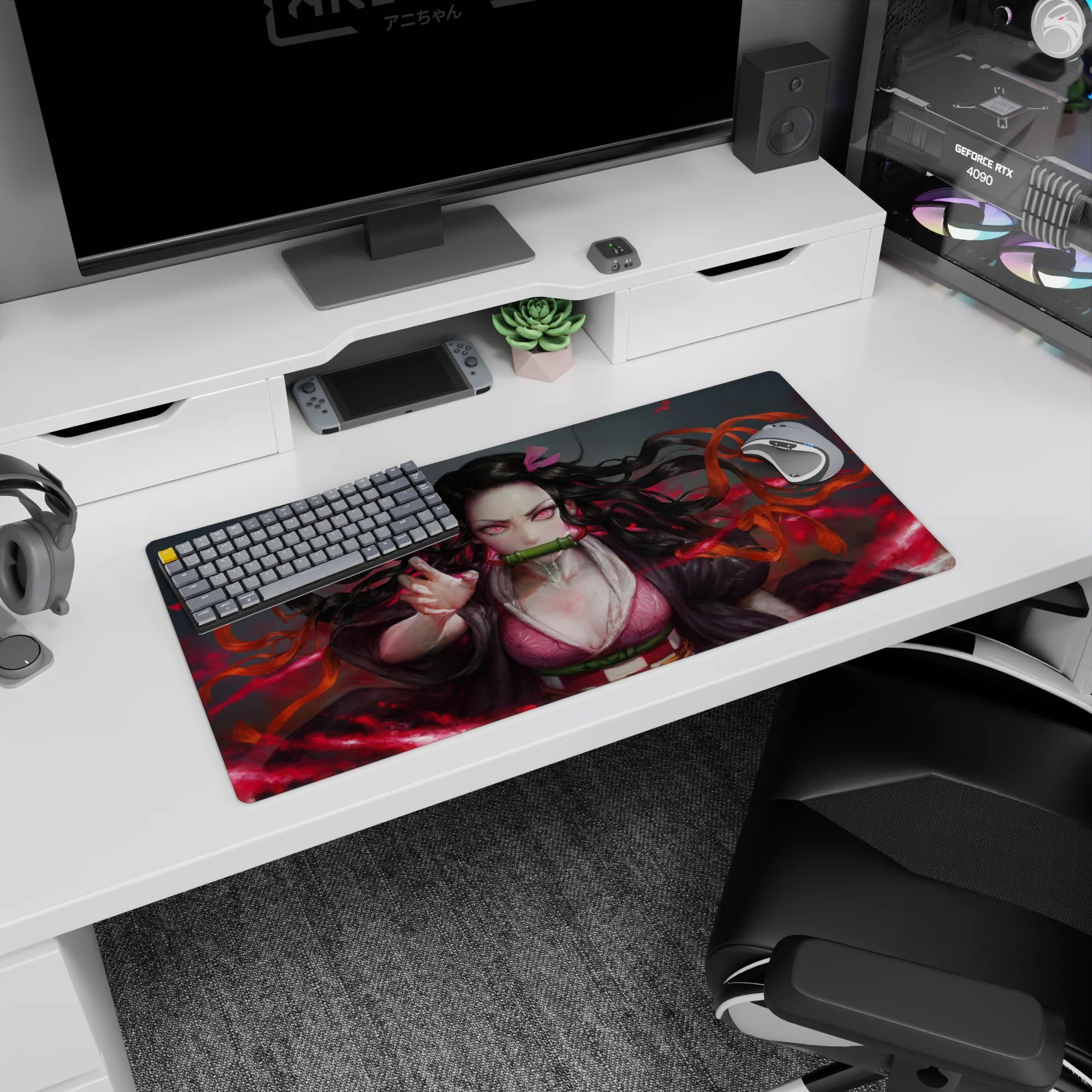 Nezuko anime mouse pad 32x16 inches, featuring her intense pink eyes and dynamic hair against a fiery red background.