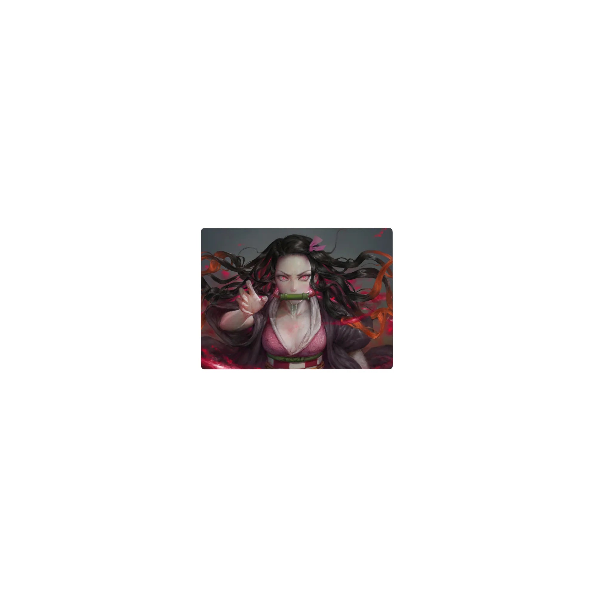 Nezuko anime mouse pad, 14x10 inches, featuring her fierce pink-eyed gaze and swirling hair in a blazing red design.