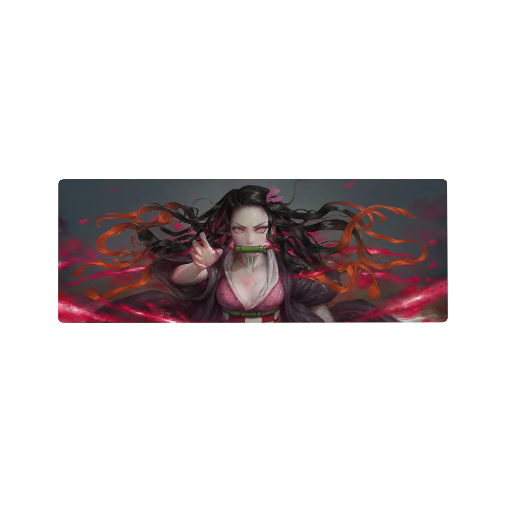 Large 32x12 inches anime mouse pad featuring Nezuko with pink eyes and dynamic hair, exuding fiery energy and strength.