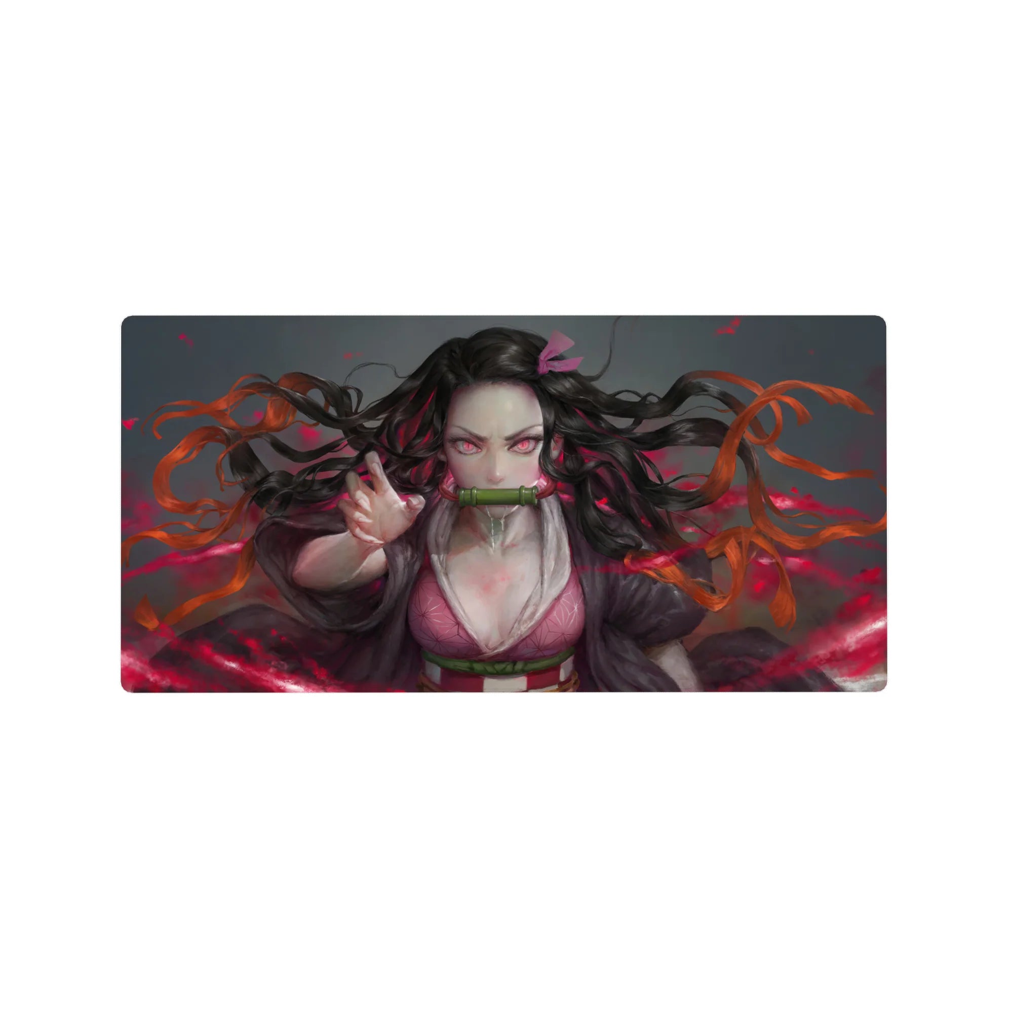 Mouse pad 32x16 inches featuring Nezuko from Demon Slayer, with fierce pink eyes and fiery red background, perfect for desks.