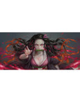 Nezuko anime desk pad 36x16 inches, featuring her fierce pink eyes and dynamic hair against a blazing red background.