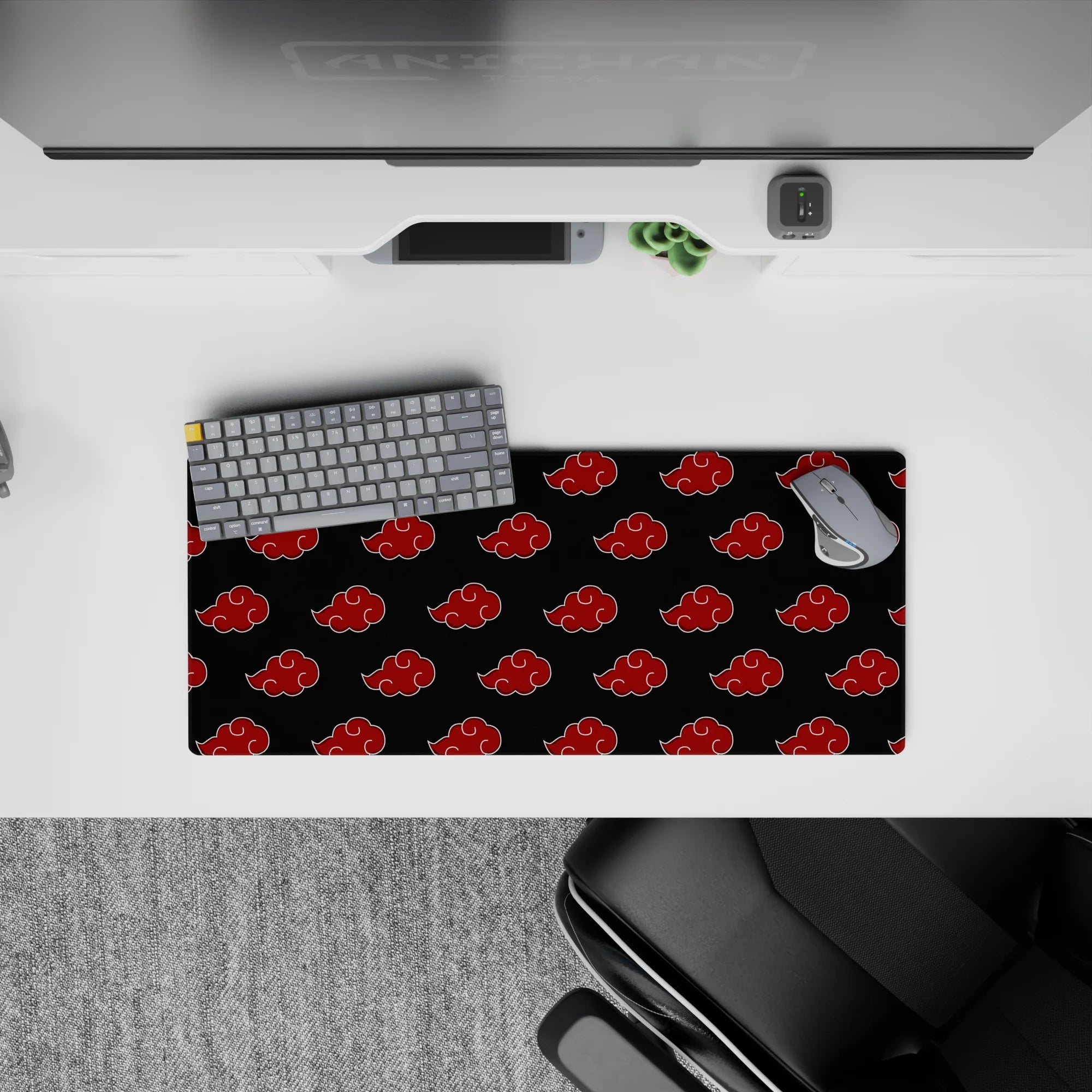 28x12 inches anime desk mat in deep charcoal black with crisp red cloud icons for a bold, moody vibe.