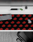 Deep charcoal black anime desk pad 36x16 inches with crisp red cloud emblems, bold moody setup.