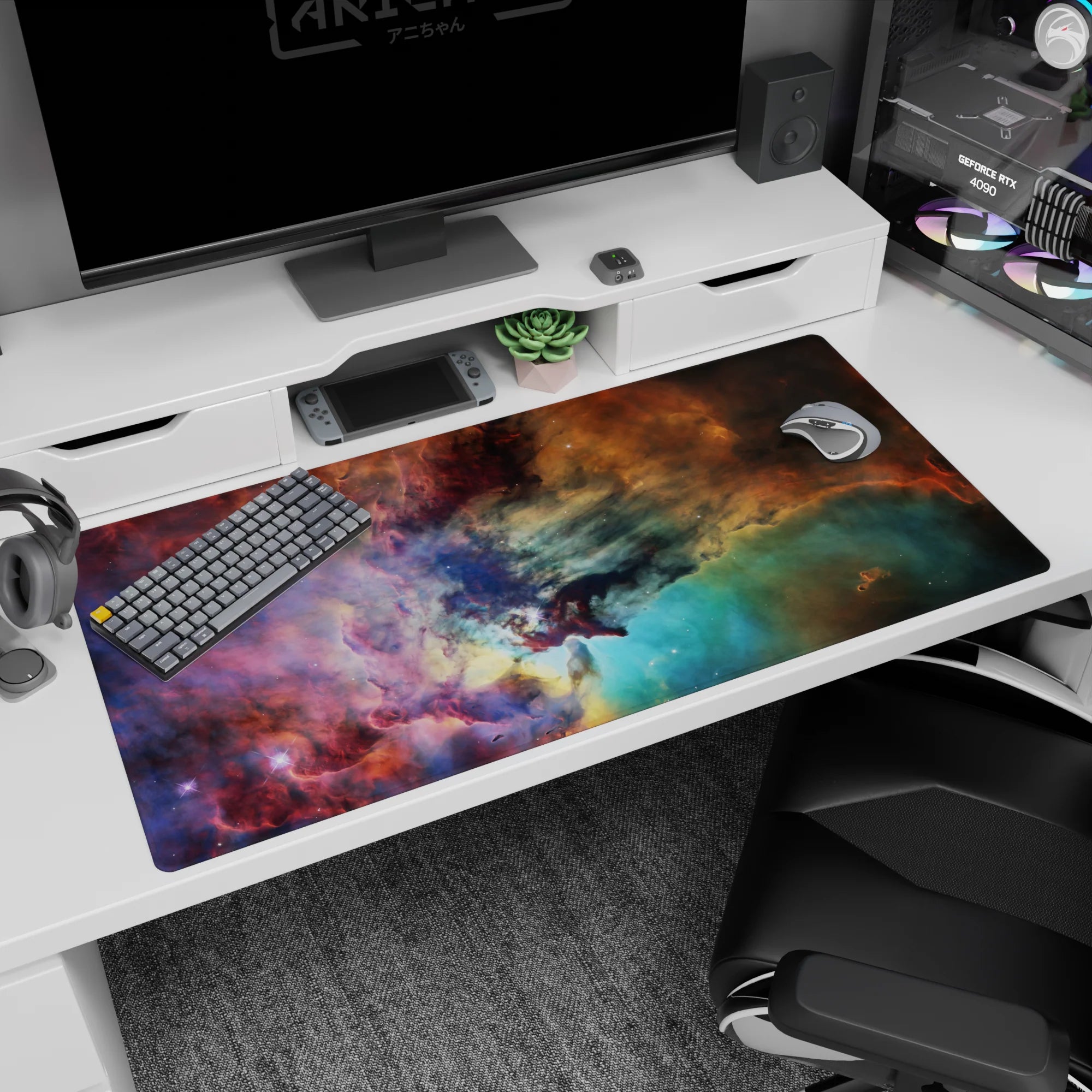Space nebula scene desk pad 40x20 inches, like a window to the stars with cloud-like galaxy wisps.